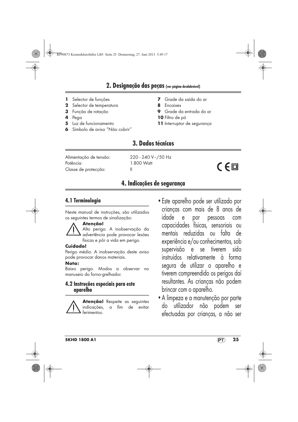 Designação das peças, Dados técnicos, Indicações de segurança | Silvercrest SKHD 1800 A1 User Manual | Page 27 / 58
