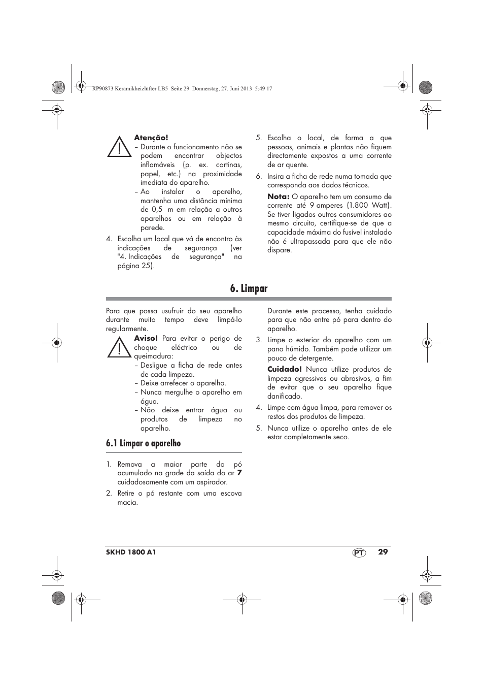 Limpar, 1 limpar o aparelho | Silvercrest SKHD 1800 A1 User Manual | Page 31 / 58