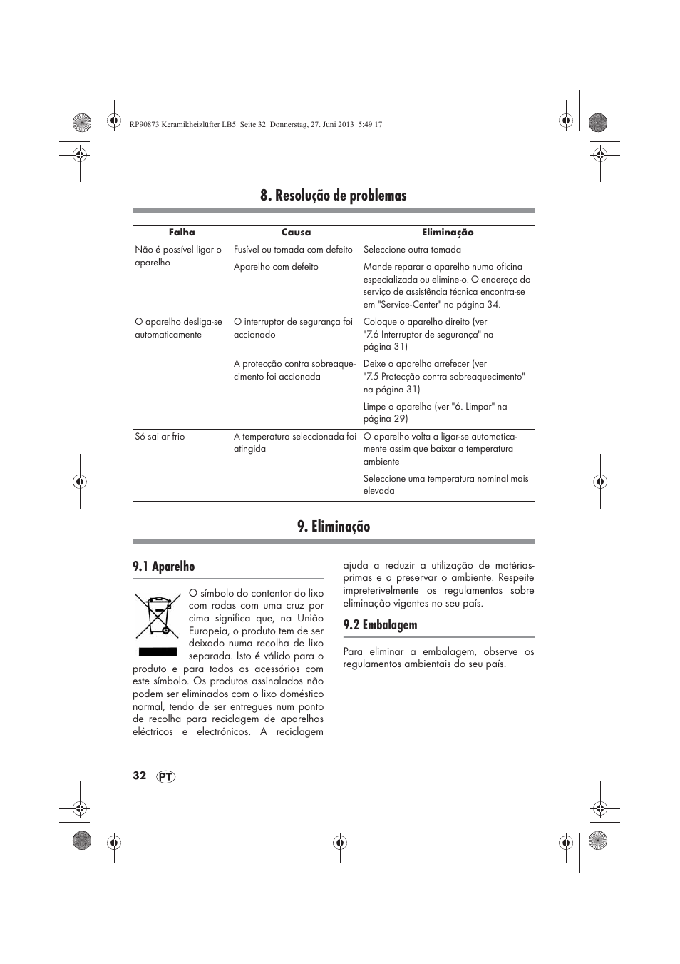 Resolução de problemas 9. eliminação, 1 aparelho, 2 embalagem | Silvercrest SKHD 1800 A1 User Manual | Page 34 / 58