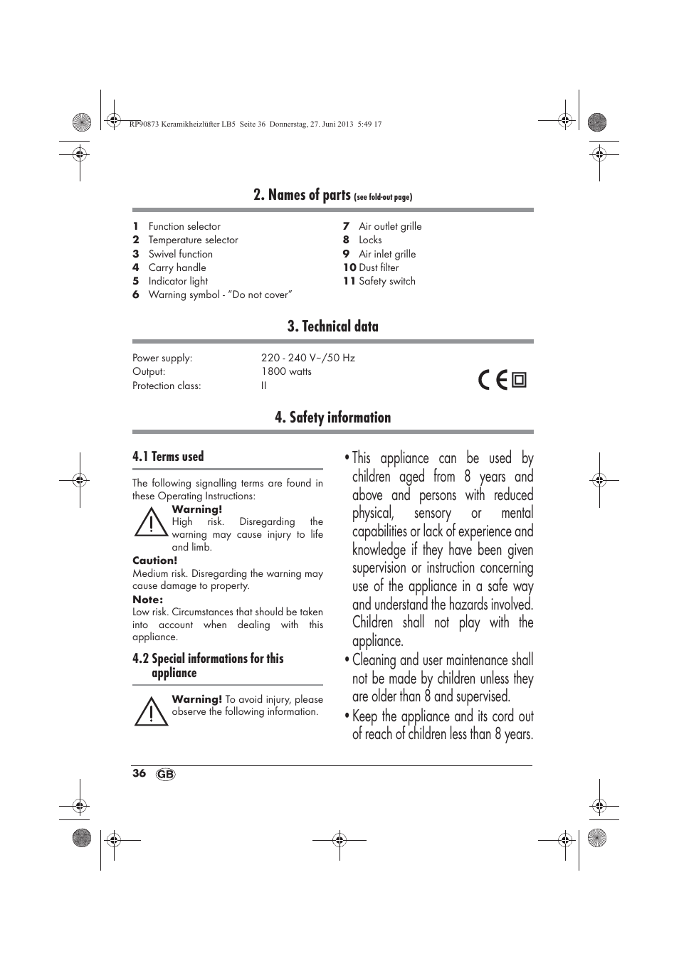 Names of parts, Technical data, Safety information | Silvercrest SKHD 1800 A1 User Manual | Page 38 / 58
