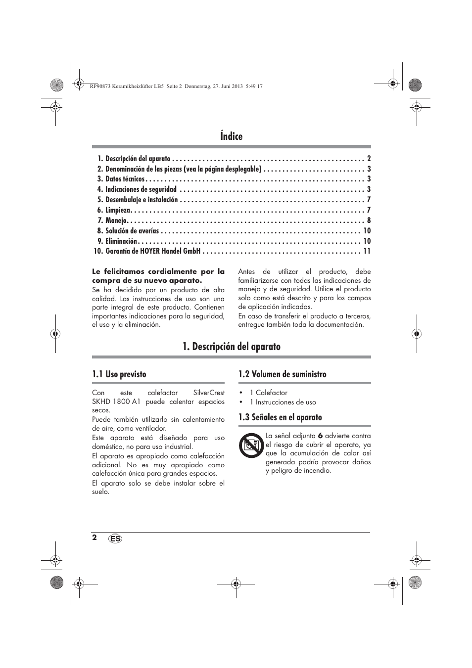 Índice, Descripción del aparato | Silvercrest SKHD 1800 A1 User Manual | Page 4 / 58