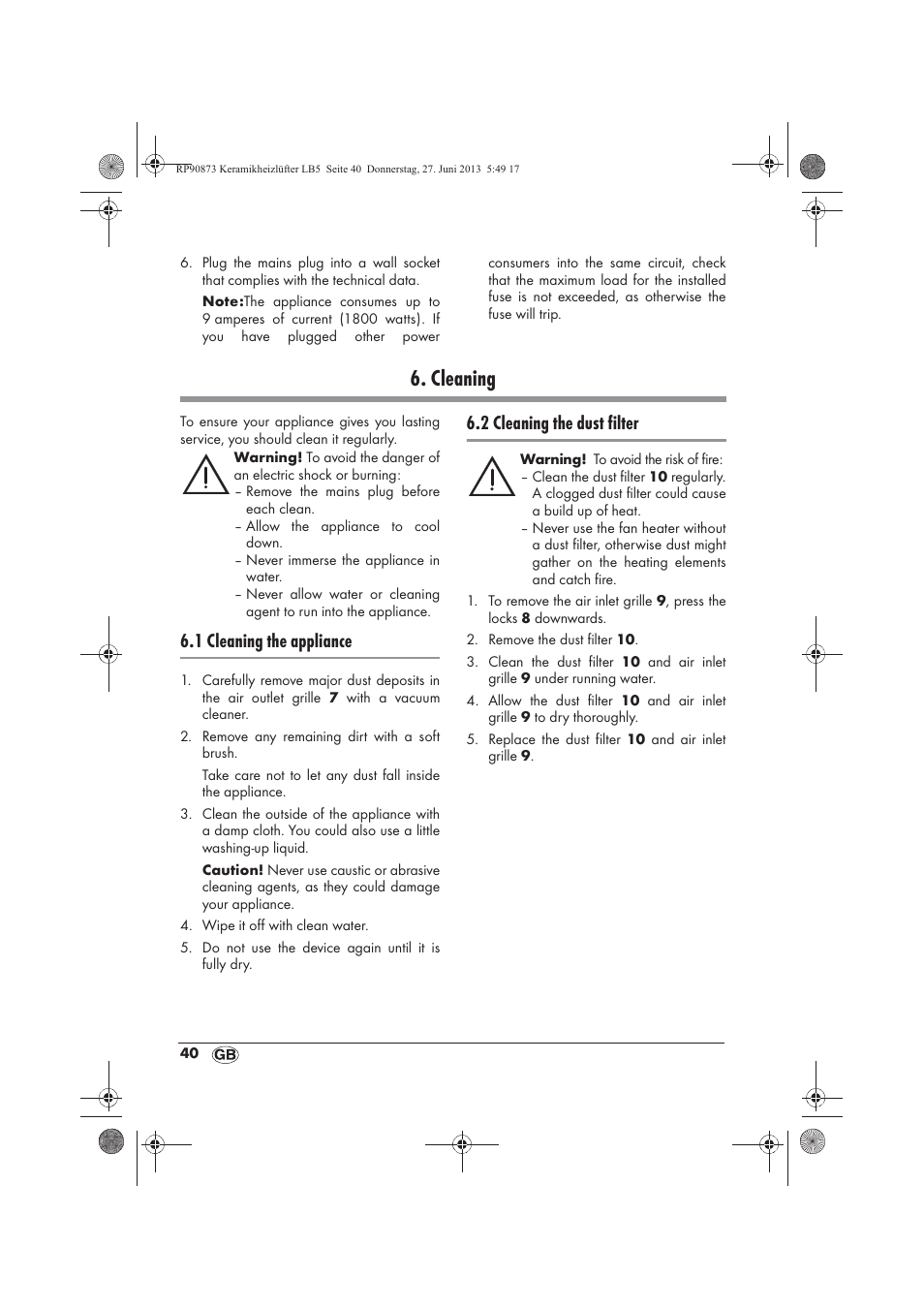 Cleaning, 1 cleaning the appliance, 2 cleaning the dust filter | Silvercrest SKHD 1800 A1 User Manual | Page 42 / 58