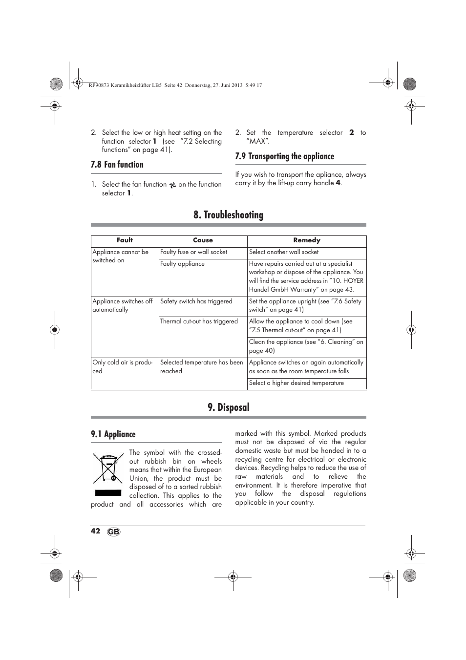 Troubleshooting 9. disposal, 8 fan function, 9 transporting the appliance | 1 appliance | Silvercrest SKHD 1800 A1 User Manual | Page 44 / 58