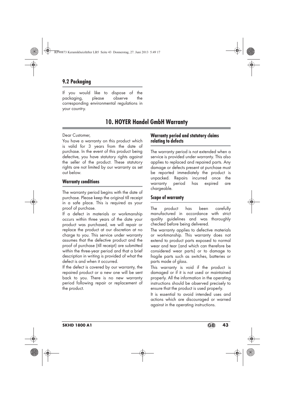 Hoyer handel gmbh warranty | Silvercrest SKHD 1800 A1 User Manual | Page 45 / 58