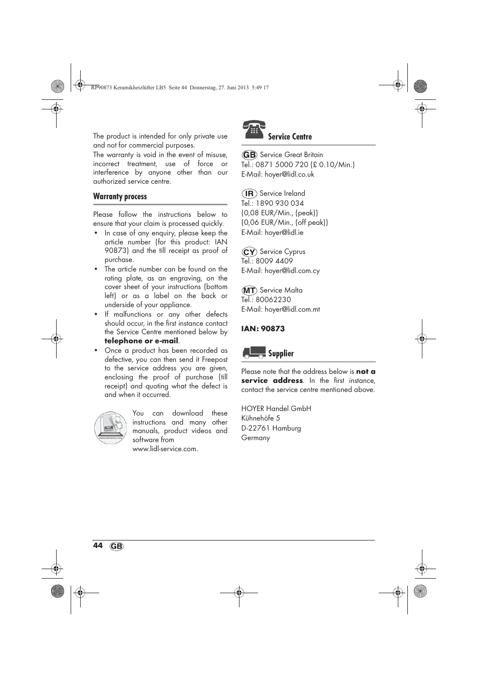 Warranty process, Service centre, Supplier | Silvercrest SKHD 1800 A1 User Manual | Page 46 / 58