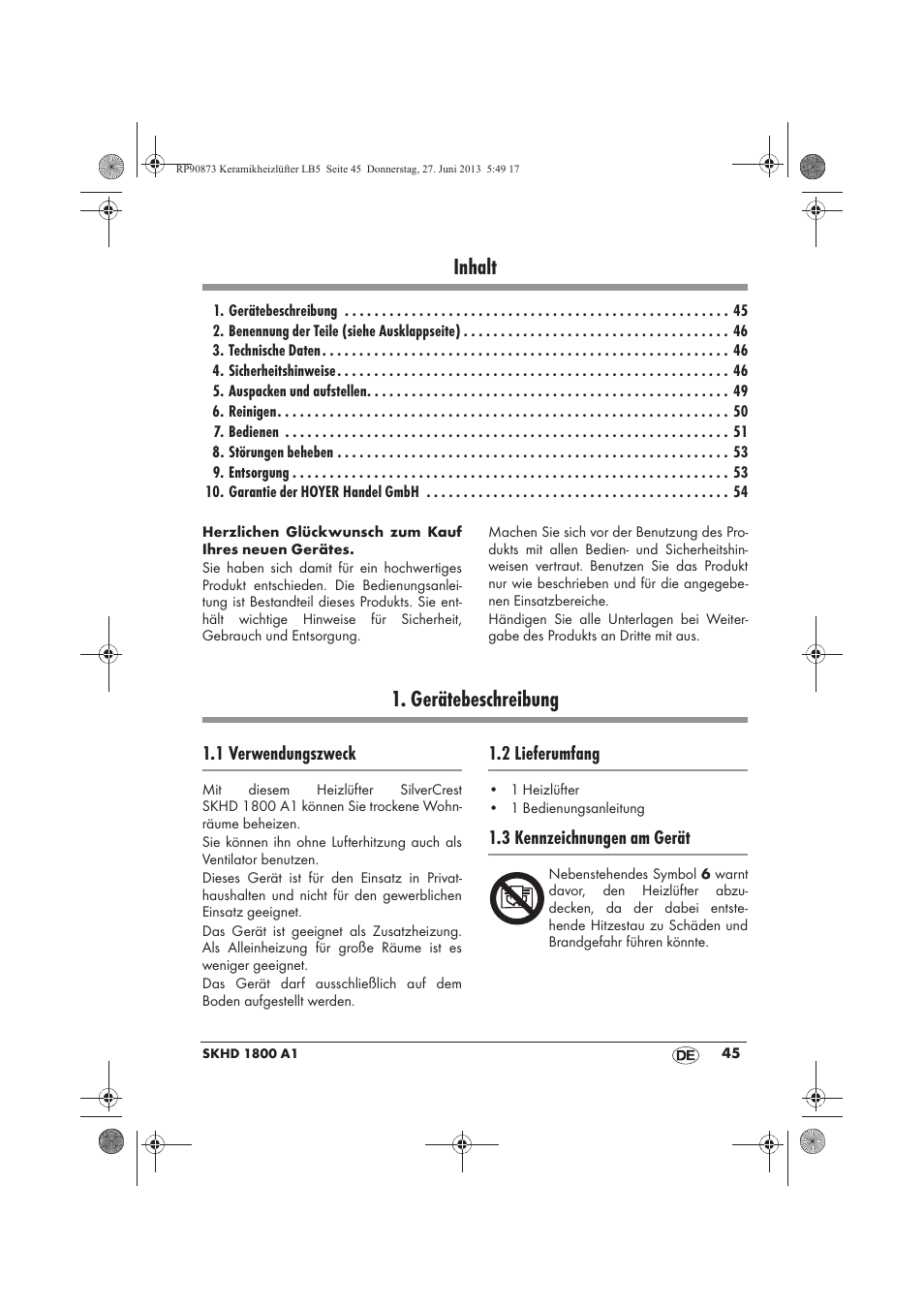 Inhalt, Gerätebeschreibung | Silvercrest SKHD 1800 A1 User Manual | Page 47 / 58