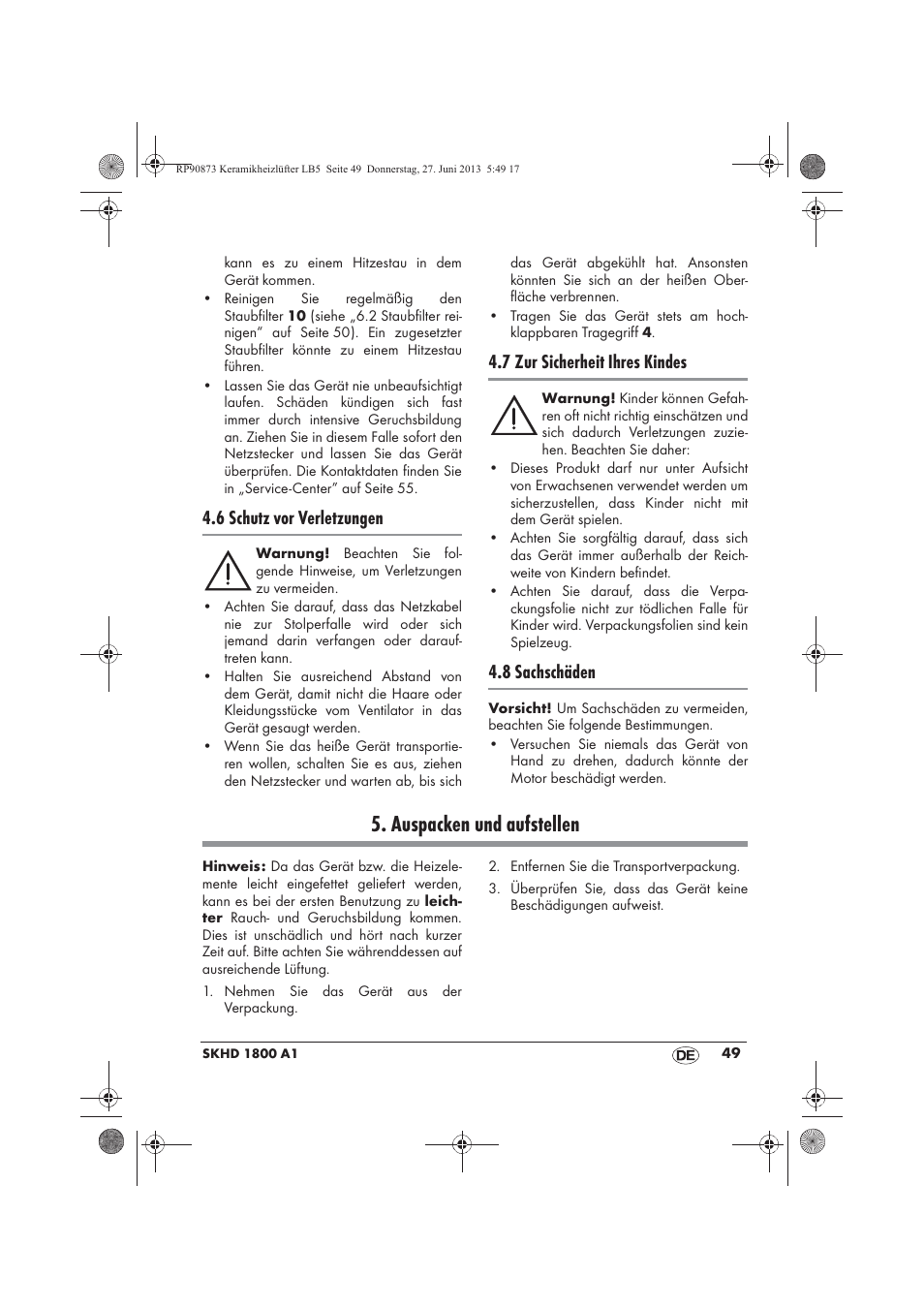 Auspacken und aufstellen, 6 schutz vor verletzungen, 7 zur sicherheit ihres kindes | 8 sachschäden | Silvercrest SKHD 1800 A1 User Manual | Page 51 / 58