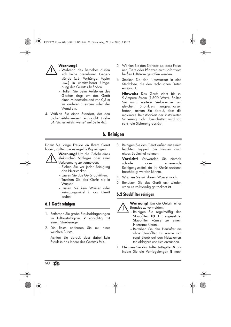 Reinigen, 1 gerät reinigen, 2 staubfilter reinigen | Silvercrest SKHD 1800 A1 User Manual | Page 52 / 58