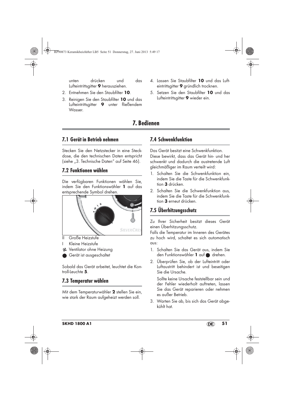 Bedienen, 1 gerät in betrieb nehmen, 2 funktionen wählen | 3 temperatur wählen, 4 schwenkfunktion, 5 überhitzungsschutz | Silvercrest SKHD 1800 A1 User Manual | Page 53 / 58