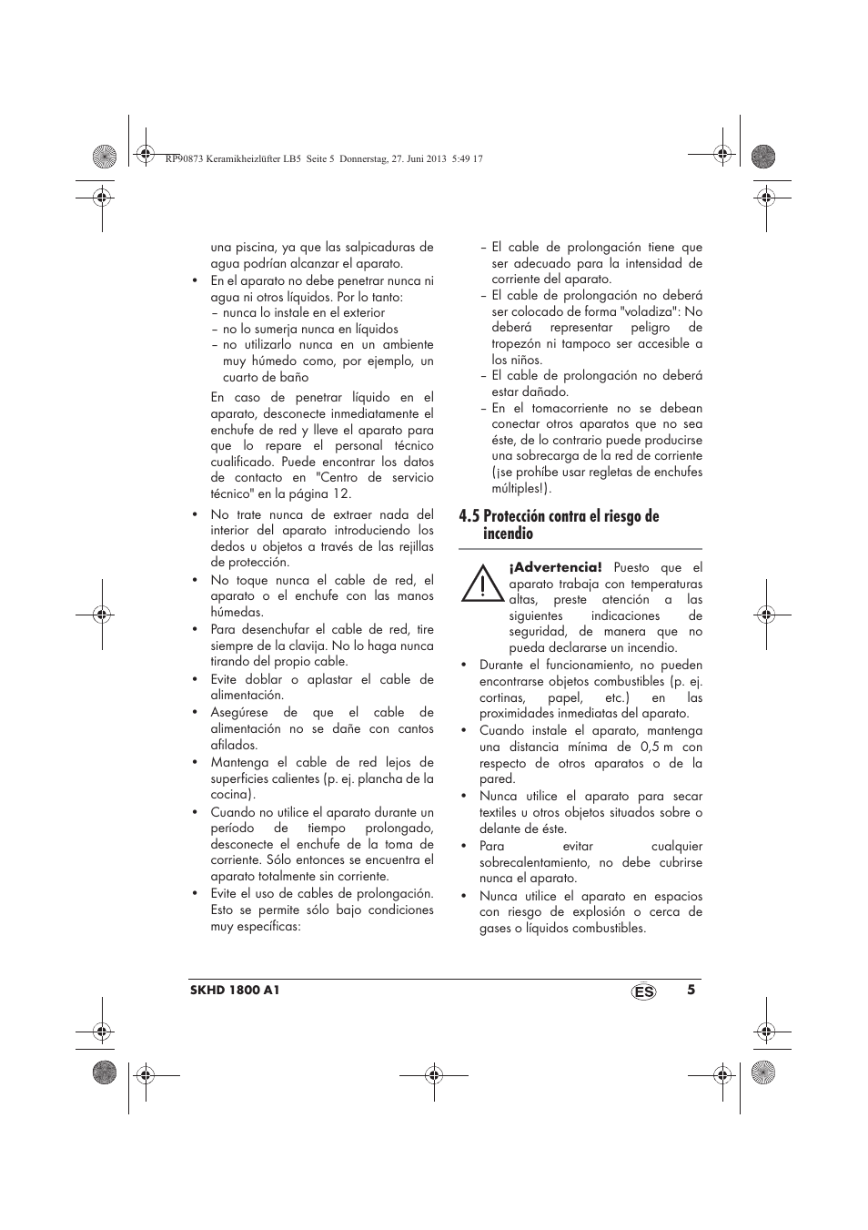 5 protección contra el riesgo de incendio | Silvercrest SKHD 1800 A1 User Manual | Page 7 / 58