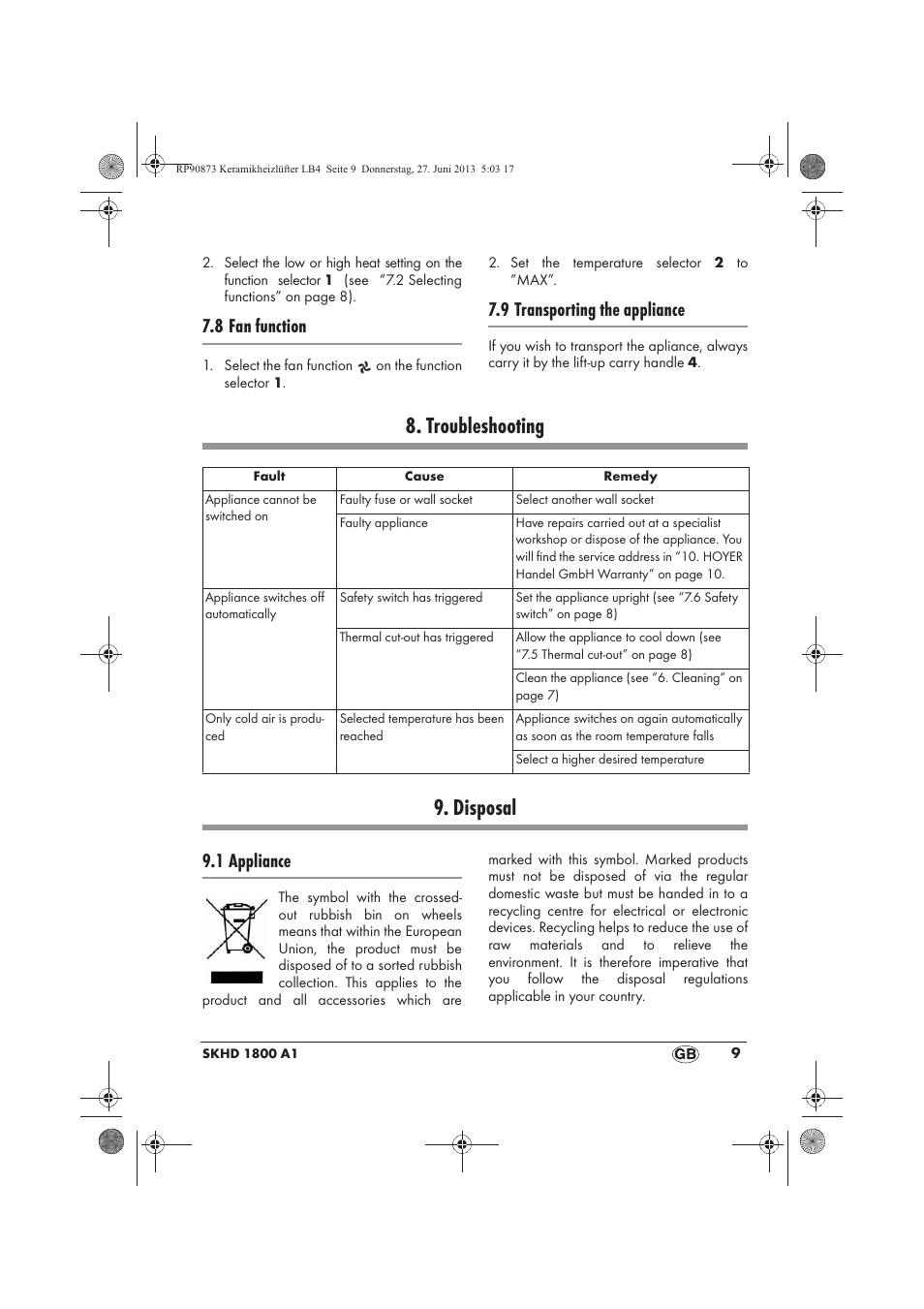 Troubleshooting 9. disposal, 8 fan function, 9 transporting the appliance | 1 appliance | Silvercrest SKHD 1800 A1 User Manual | Page 11 / 78