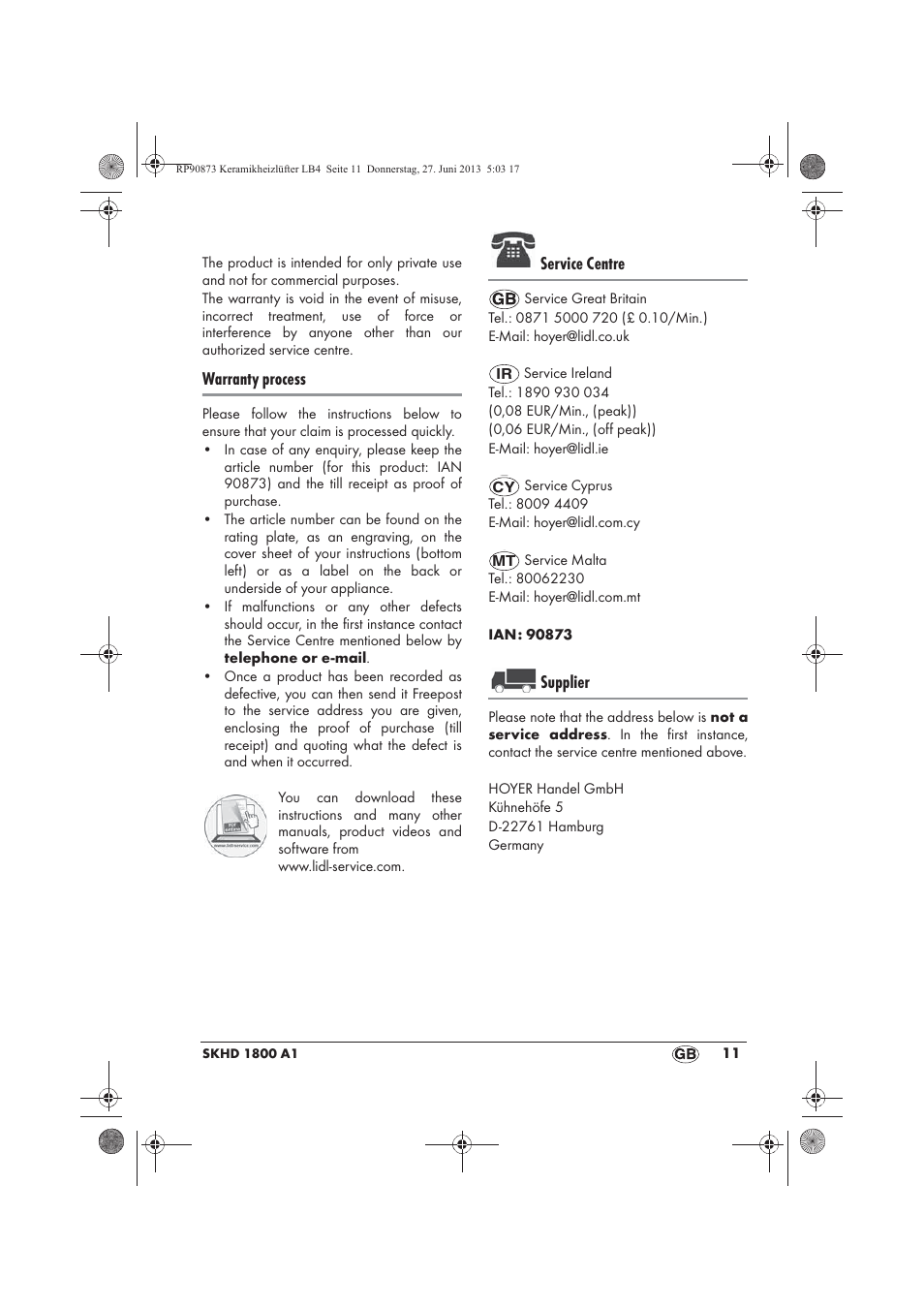 Warranty process, Service centre, Supplier | Silvercrest SKHD 1800 A1 User Manual | Page 13 / 78