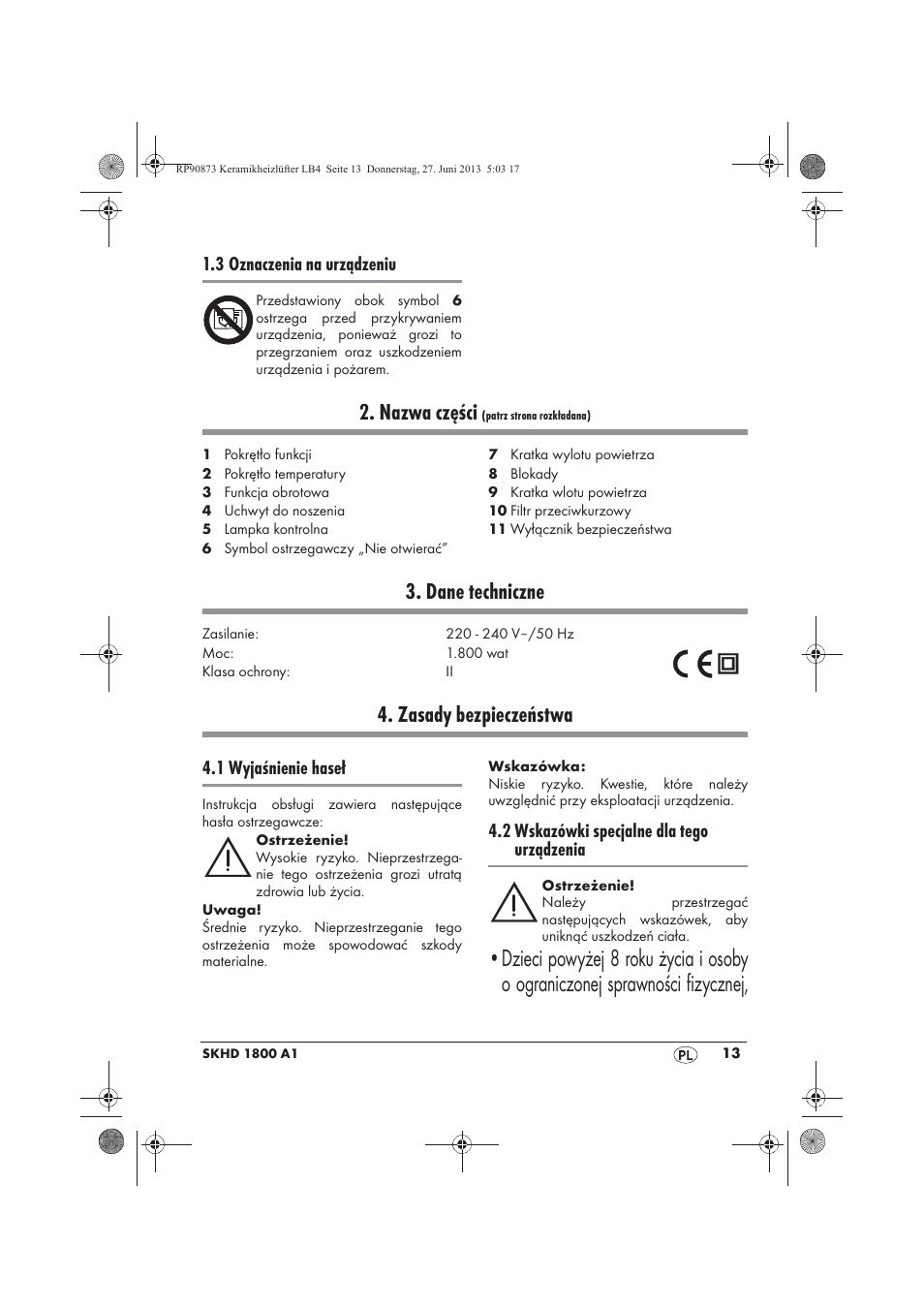 Nazwa części, Dane techniczne, Zasady bezpieczeństwa | Silvercrest SKHD 1800 A1 User Manual | Page 15 / 78