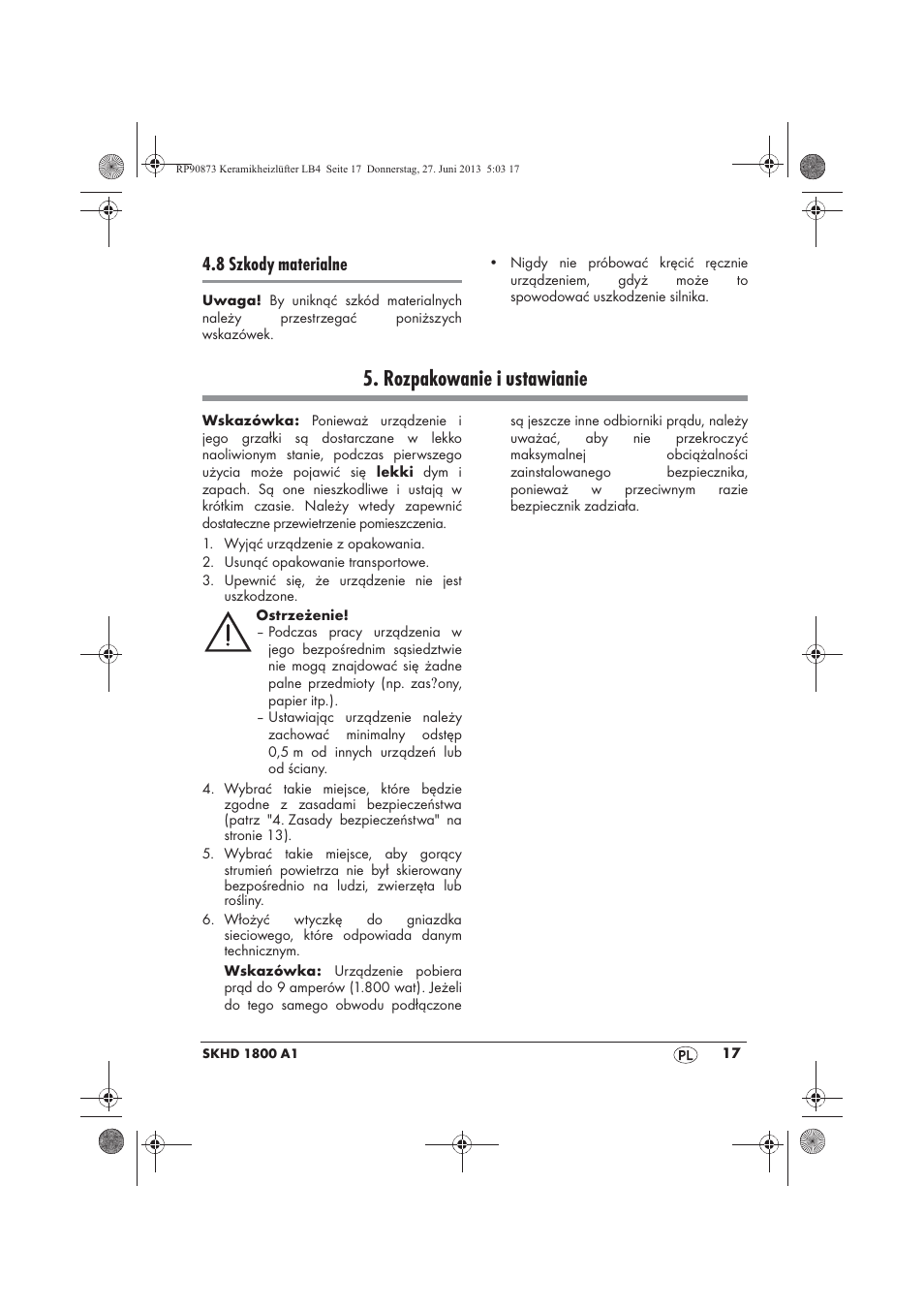 Rozpakowanie i ustawianie, 8 szkody materialne | Silvercrest SKHD 1800 A1 User Manual | Page 19 / 78