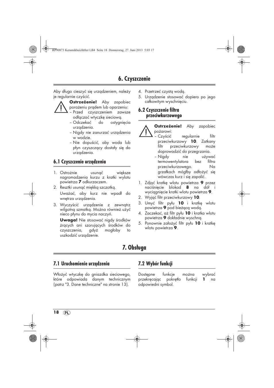 Czyszczenie, Obsługa, 1 czyszczenie urządzenia | 2 czyszczenie filtra przeciwkurzowego, 1 uruchomienie urządzenia, 2 wybór funkcji | Silvercrest SKHD 1800 A1 User Manual | Page 20 / 78