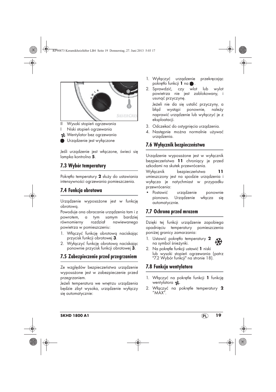 3 wybór temperatury, 4 funkcja obrotowa, 5 zabezpieczenie przed przegrzaniem | 6 wyłącznik bezpieczeństwa, 7 ochrona przed mrozem, 8 funkcja wentylatora | Silvercrest SKHD 1800 A1 User Manual | Page 21 / 78
