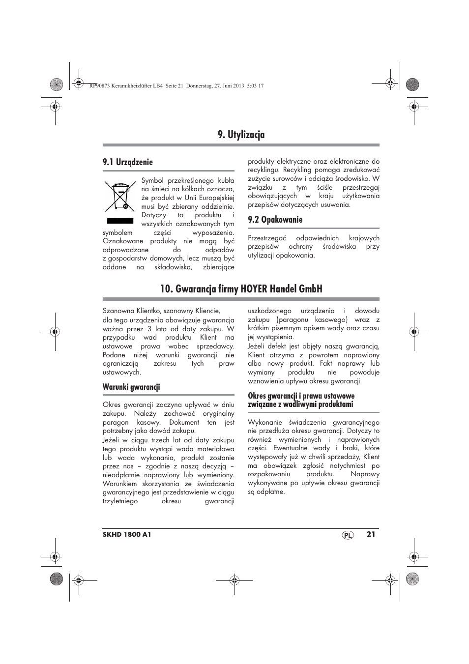 Utylizacja, Gwarancja firmy hoyer handel gmbh | Silvercrest SKHD 1800 A1 User Manual | Page 23 / 78