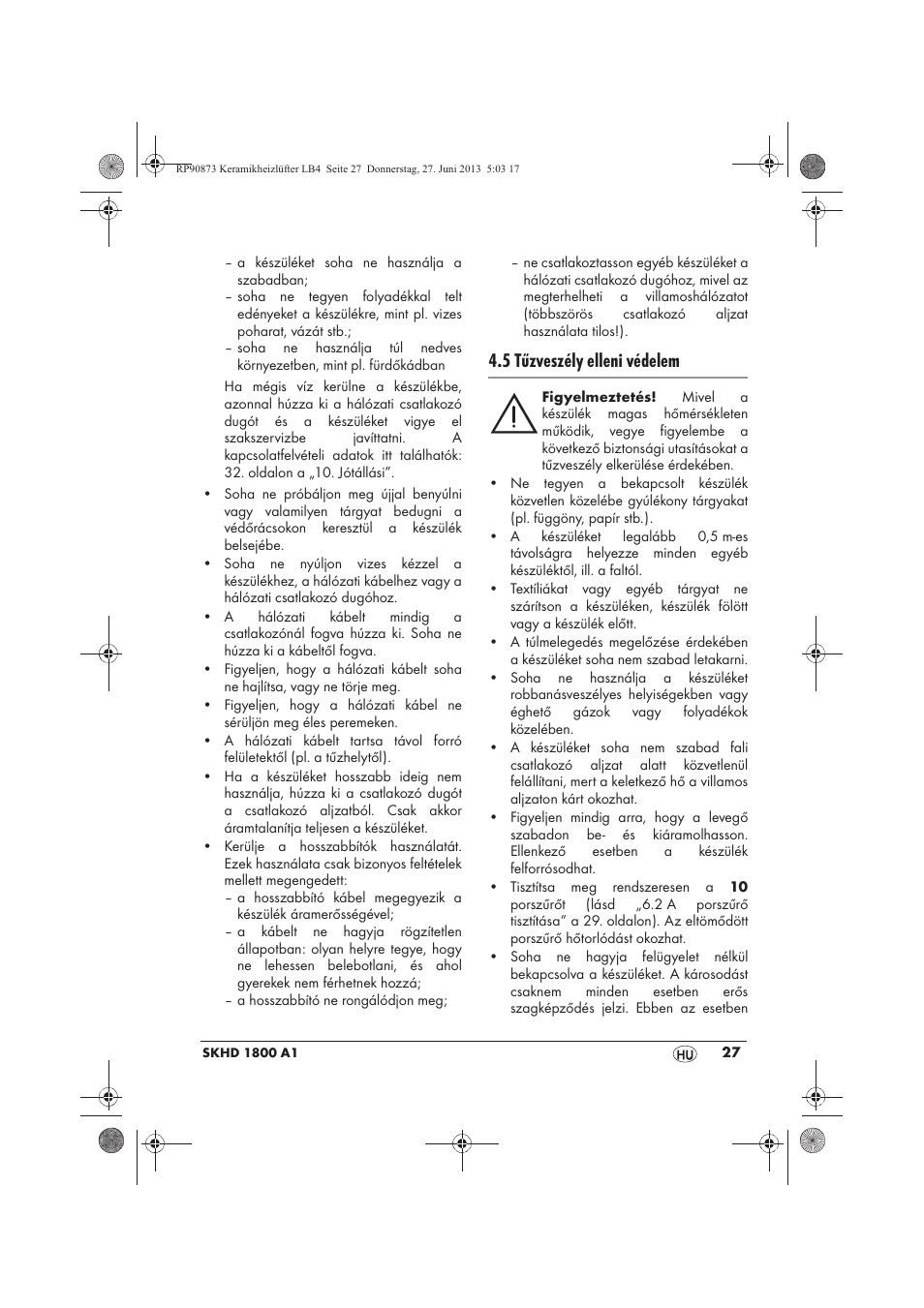 5 tűzveszély elleni védelem | Silvercrest SKHD 1800 A1 User Manual | Page 29 / 78
