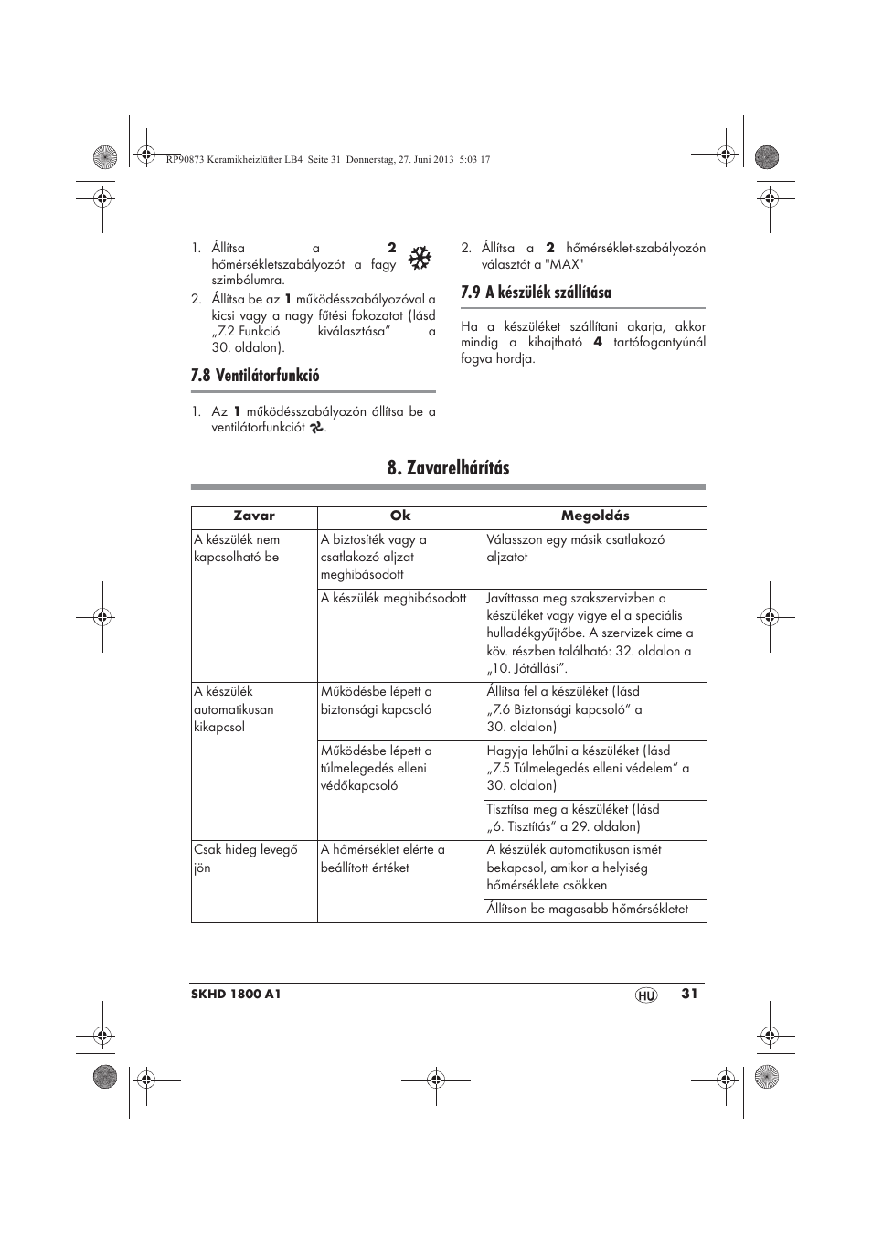 Zavarelhárítás, 8 ventilátorfunkció, 9 a készülék szállítása | Silvercrest SKHD 1800 A1 User Manual | Page 33 / 78