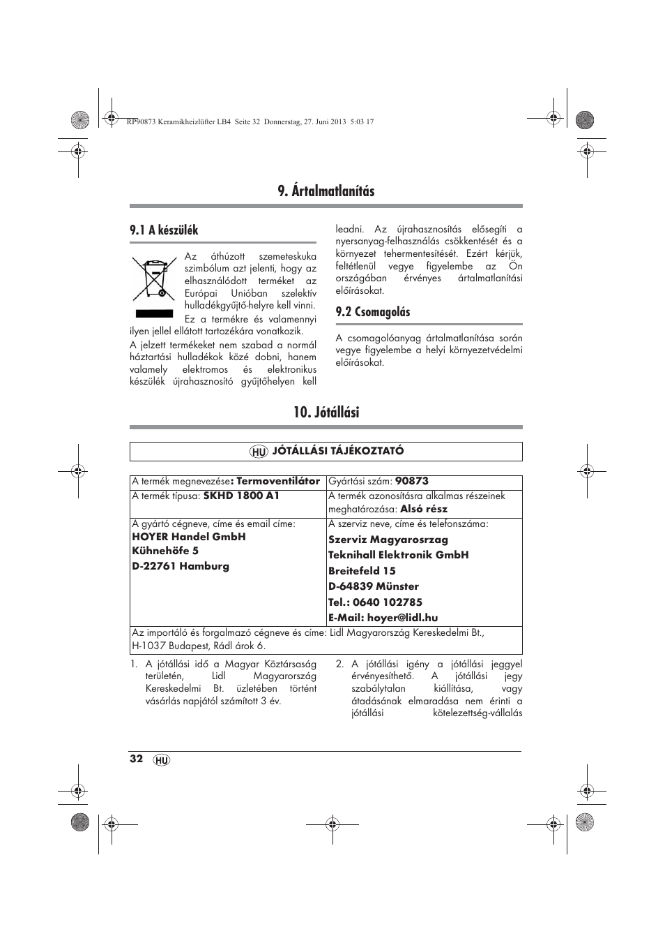 Ártalmatlanítás, Jótállási, 1 a készülék | 2 csomagolás | Silvercrest SKHD 1800 A1 User Manual | Page 34 / 78
