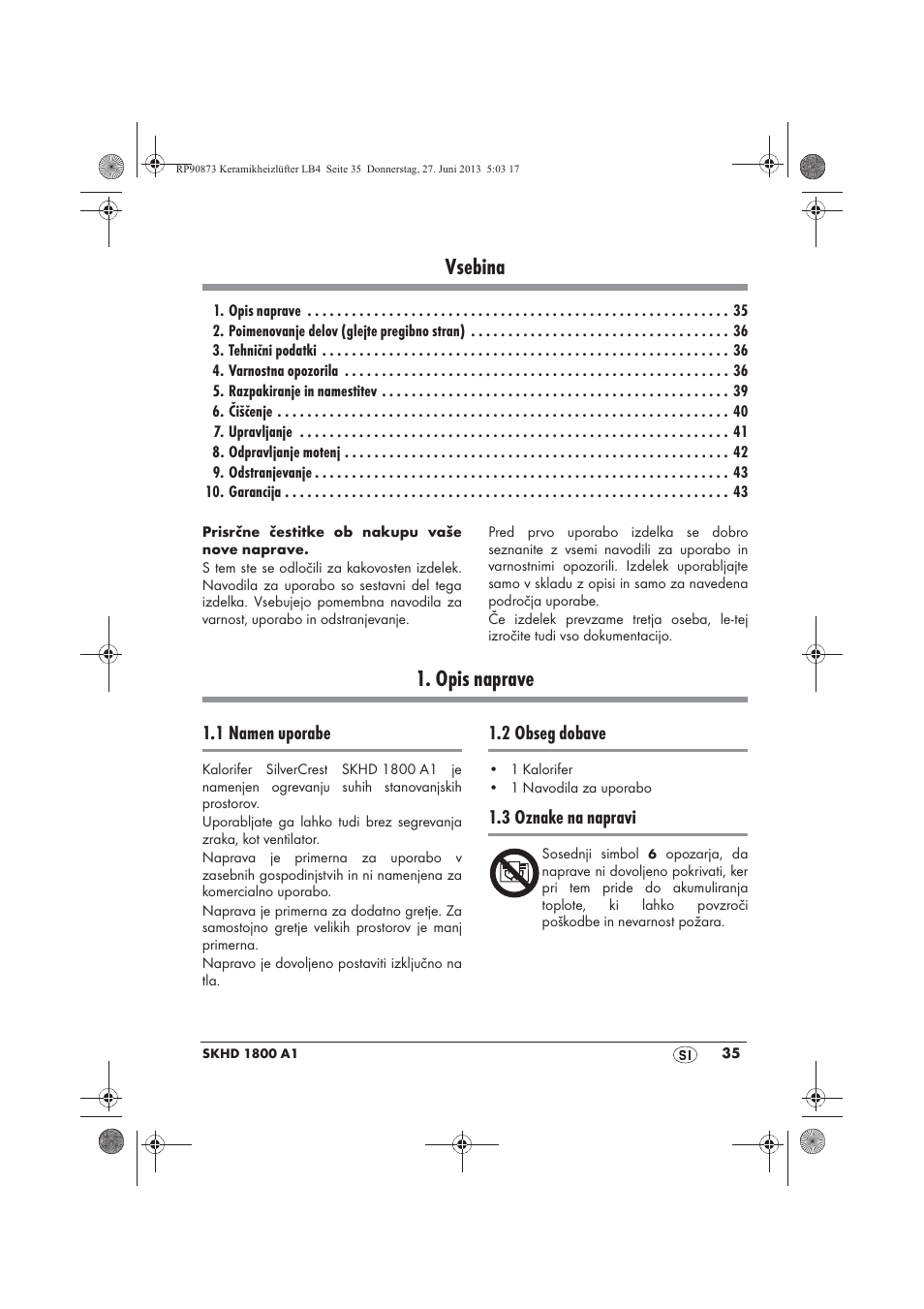 Vsebina, Opis naprave | Silvercrest SKHD 1800 A1 User Manual | Page 37 / 78