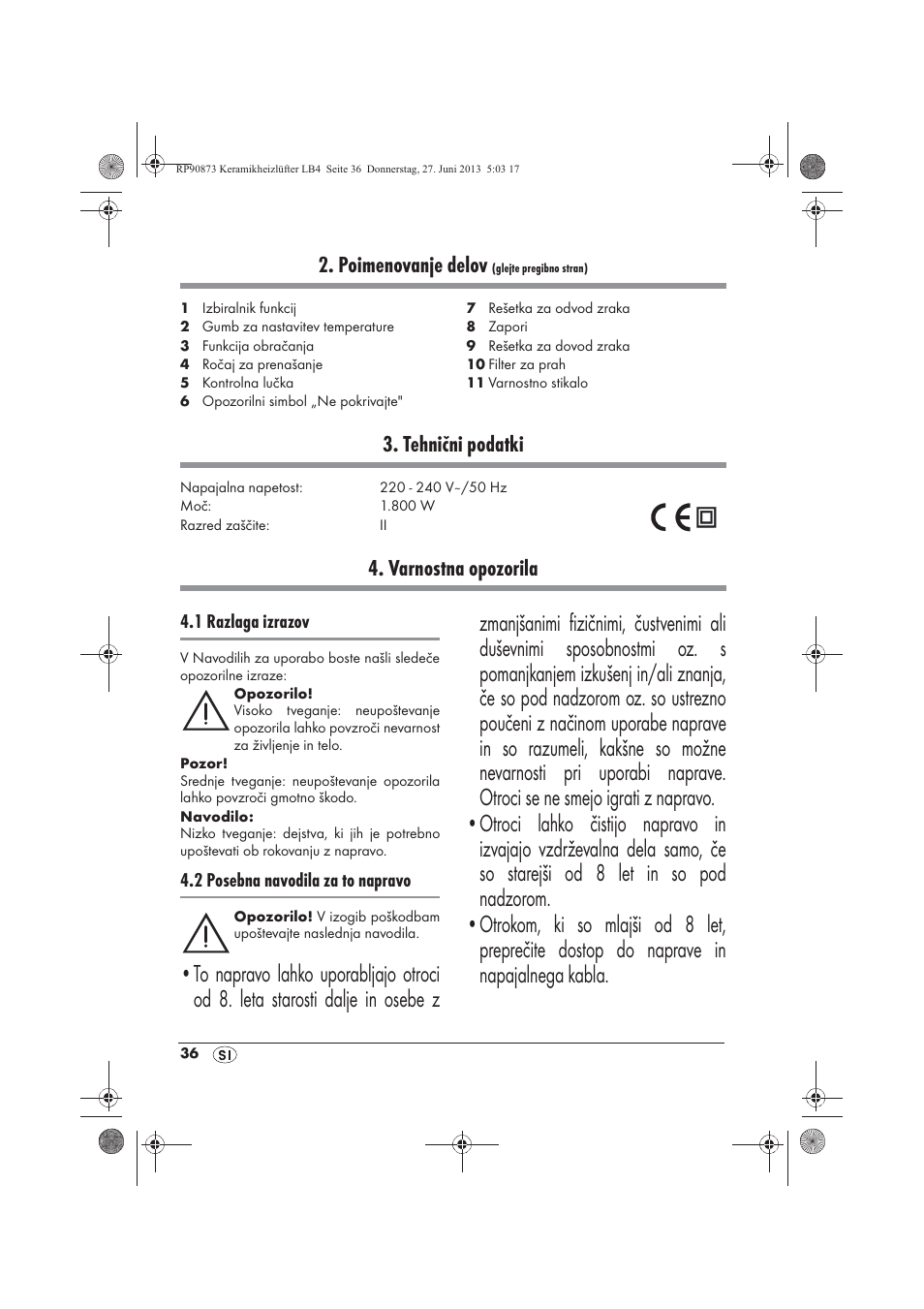 Poimenovanje delov, Tehnični podatki, Varnostna opozorila | Silvercrest SKHD 1800 A1 User Manual | Page 38 / 78