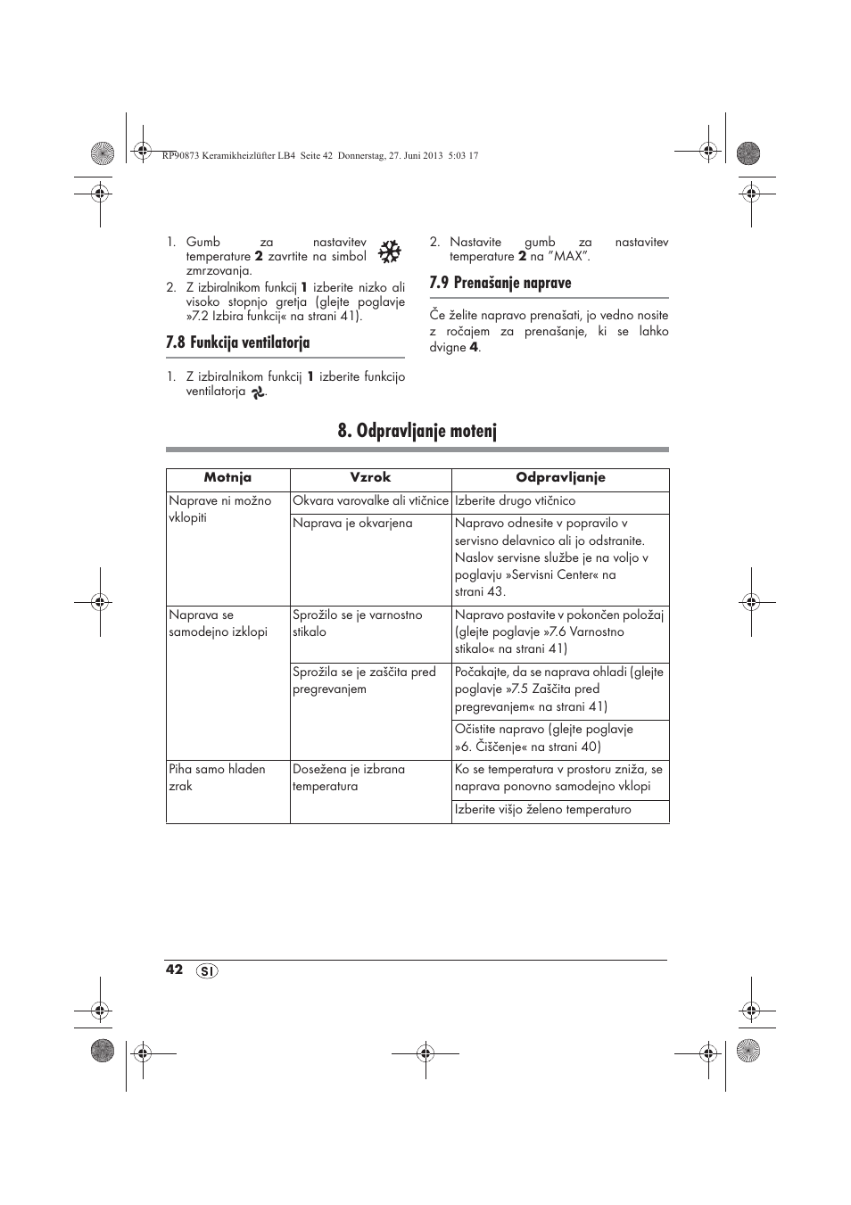 Odpravljanje motenj, 8 funkcija ventilatorja, 9 prenašanje naprave | Silvercrest SKHD 1800 A1 User Manual | Page 44 / 78