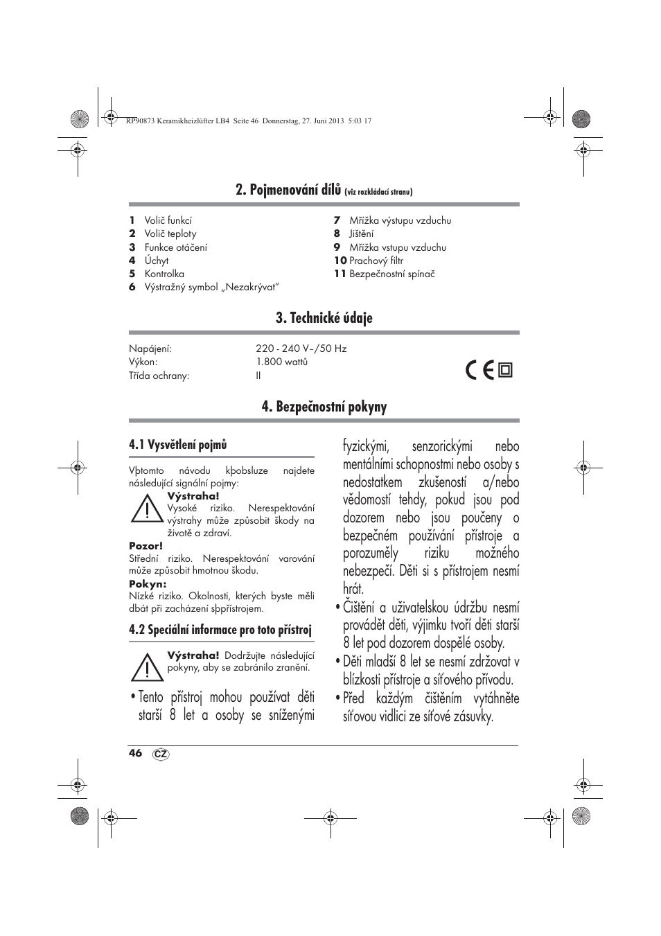 Pojmenování dílů, Technické údaje, Bezpečnostní pokyny | Silvercrest SKHD 1800 A1 User Manual | Page 48 / 78