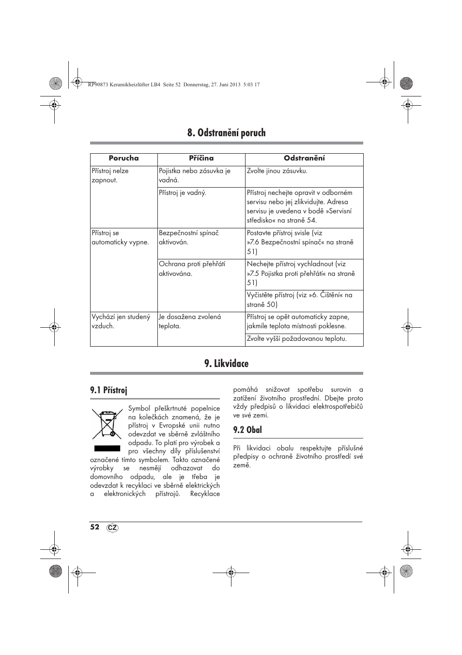 Odstranění poruch 9. likvidace, 1 přístroj, 2 obal | Silvercrest SKHD 1800 A1 User Manual | Page 54 / 78
