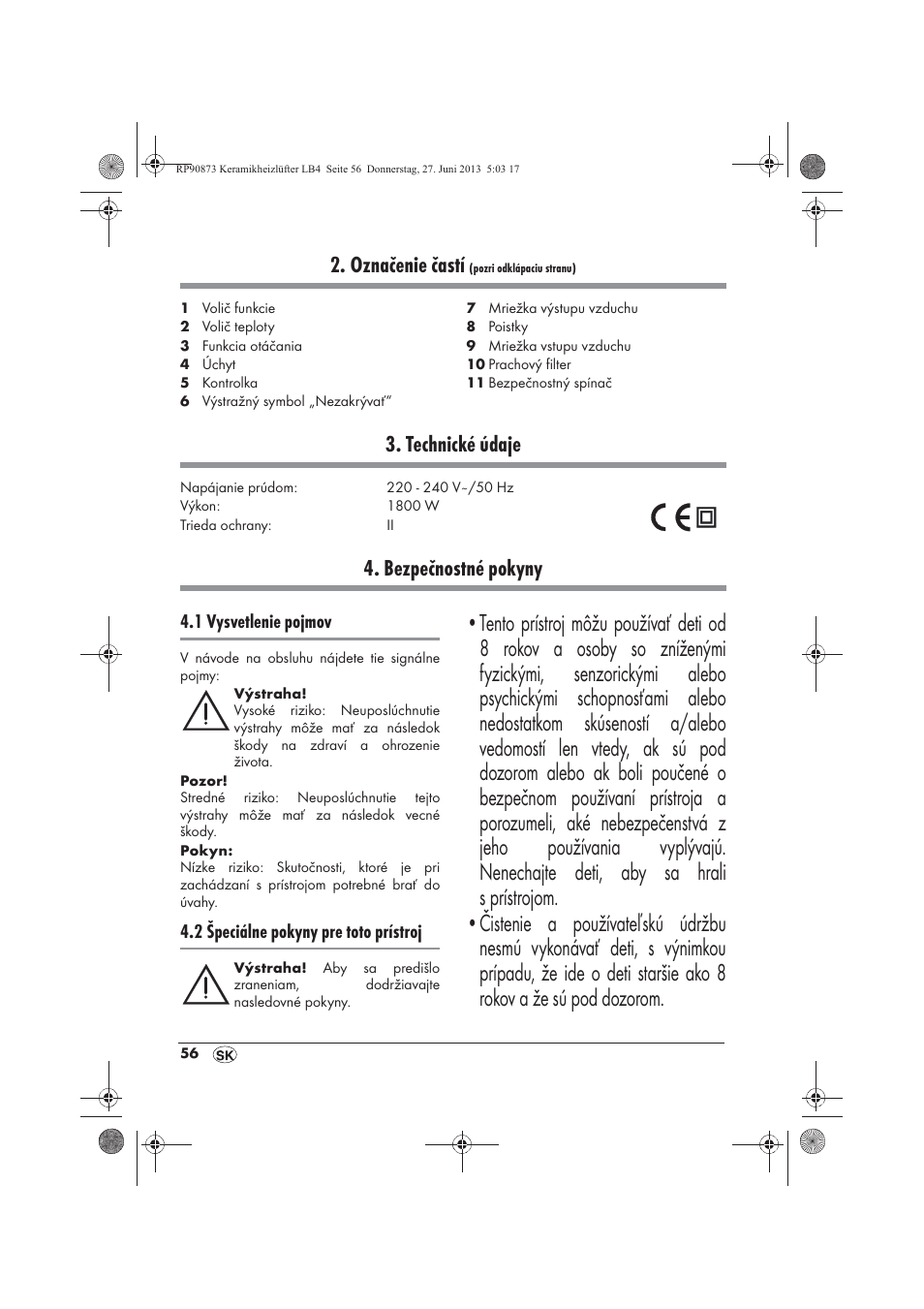 Označenie častí, Technické údaje, Bezpečnostné pokyny | Silvercrest SKHD 1800 A1 User Manual | Page 58 / 78