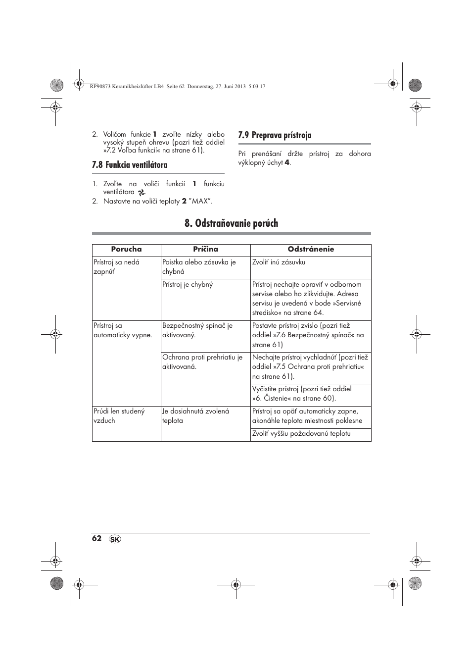 Odstraňovanie porúch, 8 funkcia ventilátora, 9 preprava prístroja | Silvercrest SKHD 1800 A1 User Manual | Page 64 / 78