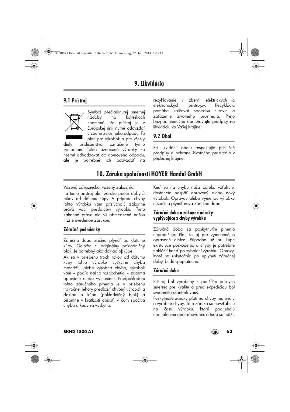 Likvidácia, Záruka spoločnosti hoyer handel gmbh | Silvercrest SKHD 1800 A1 User Manual | Page 65 / 78