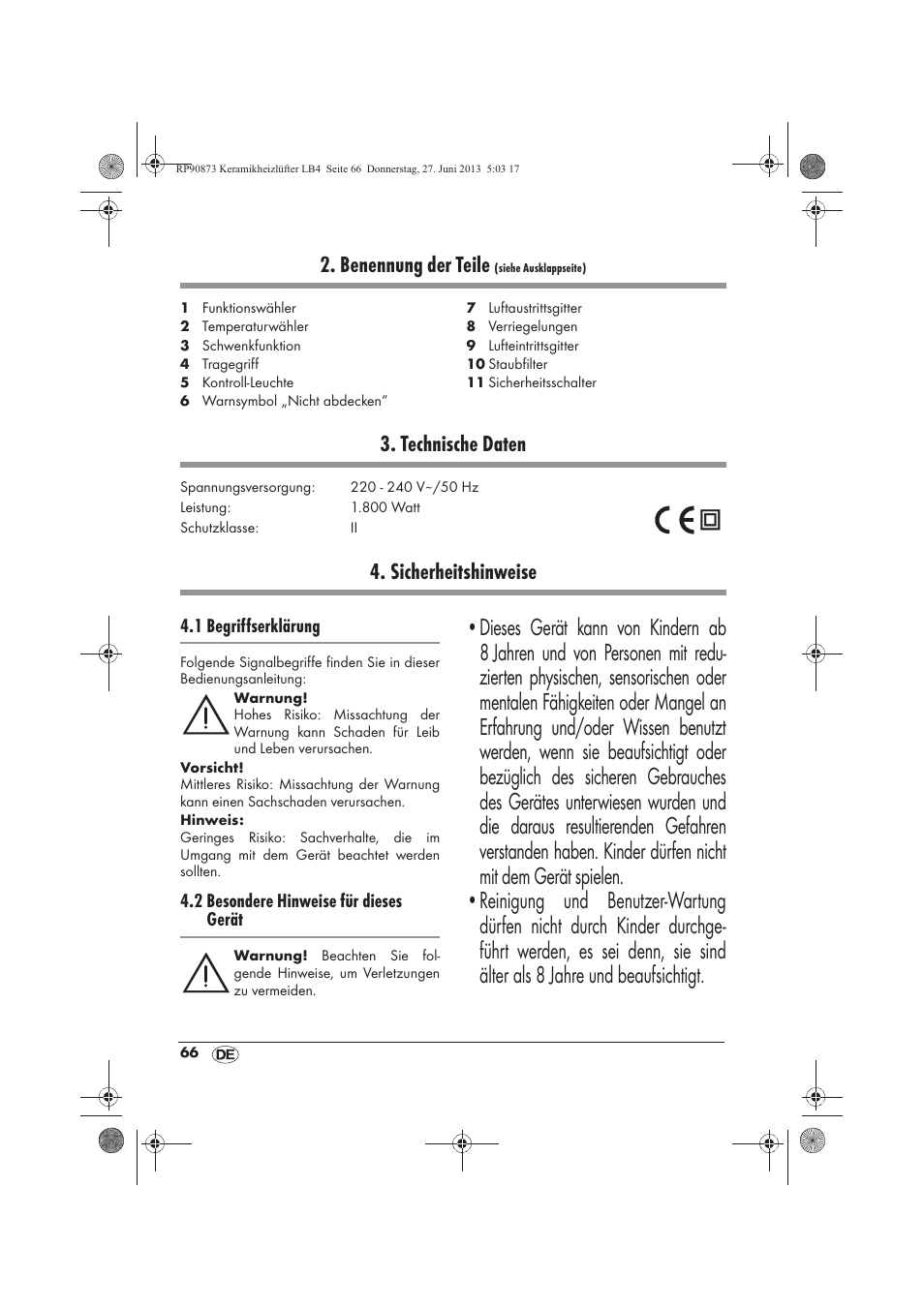Benennung der teile, Technische daten, Sicherheitshinweise | Silvercrest SKHD 1800 A1 User Manual | Page 68 / 78