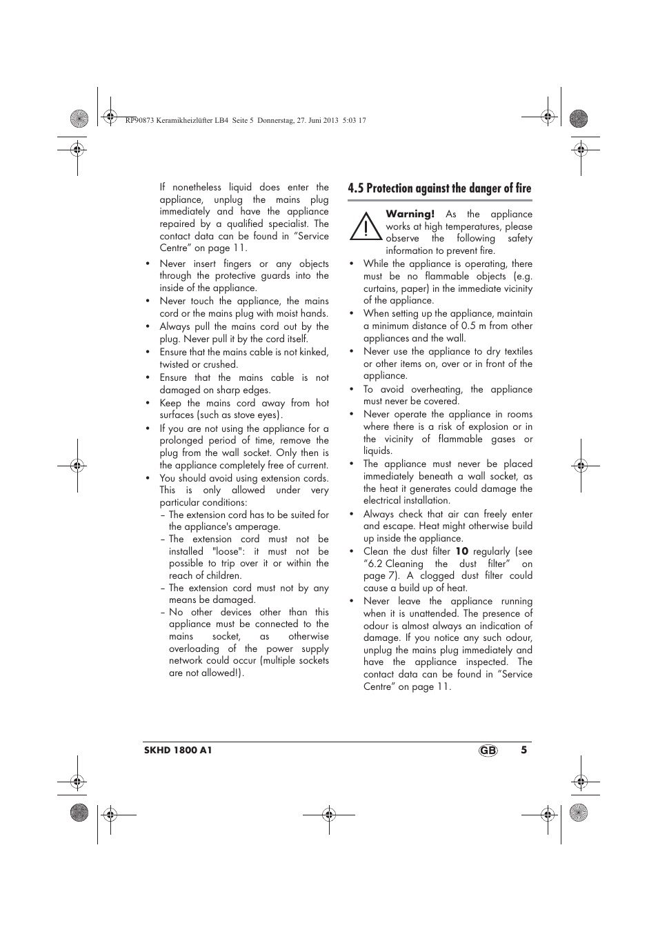 5 protection against the danger of fire | Silvercrest SKHD 1800 A1 User Manual | Page 7 / 78