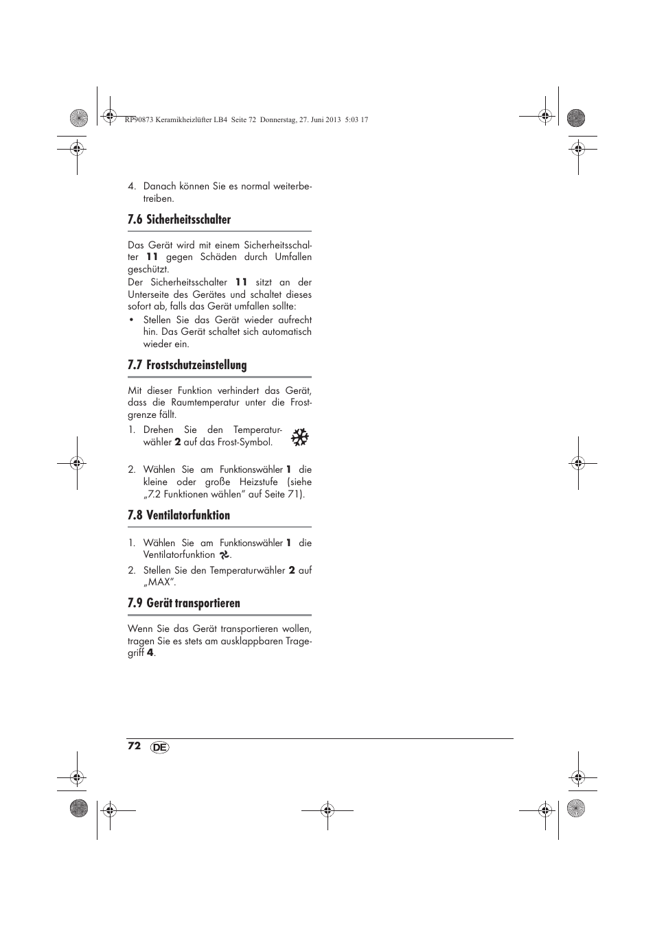 6 sicherheitsschalter, 7 frostschutzeinstellung, 8 ventilatorfunktion | 9 gerät transportieren | Silvercrest SKHD 1800 A1 User Manual | Page 74 / 78