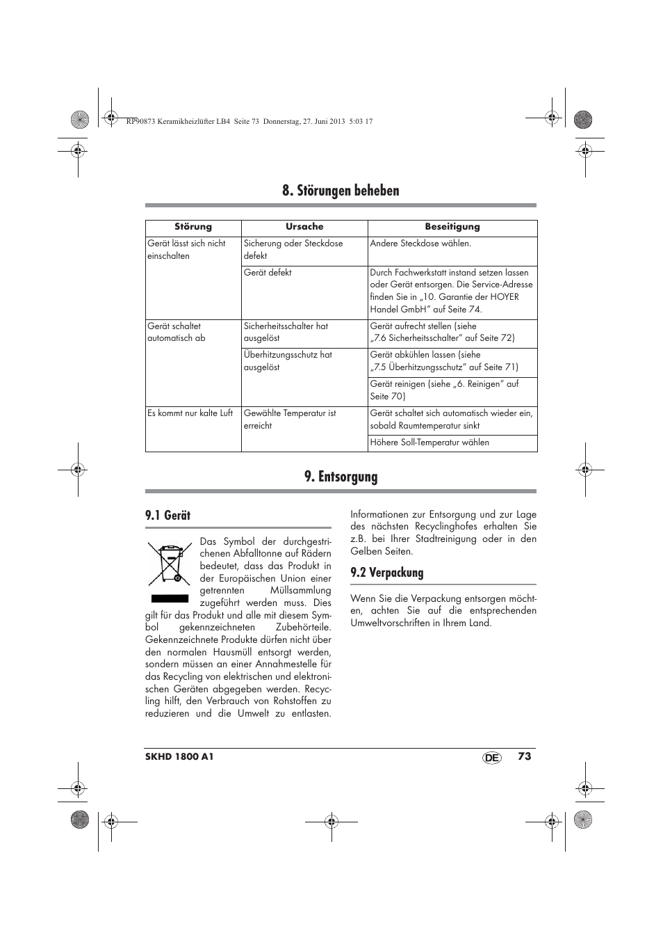 Störungen beheben 9. entsorgung, 1 gerät, 2 verpackung | Silvercrest SKHD 1800 A1 User Manual | Page 75 / 78