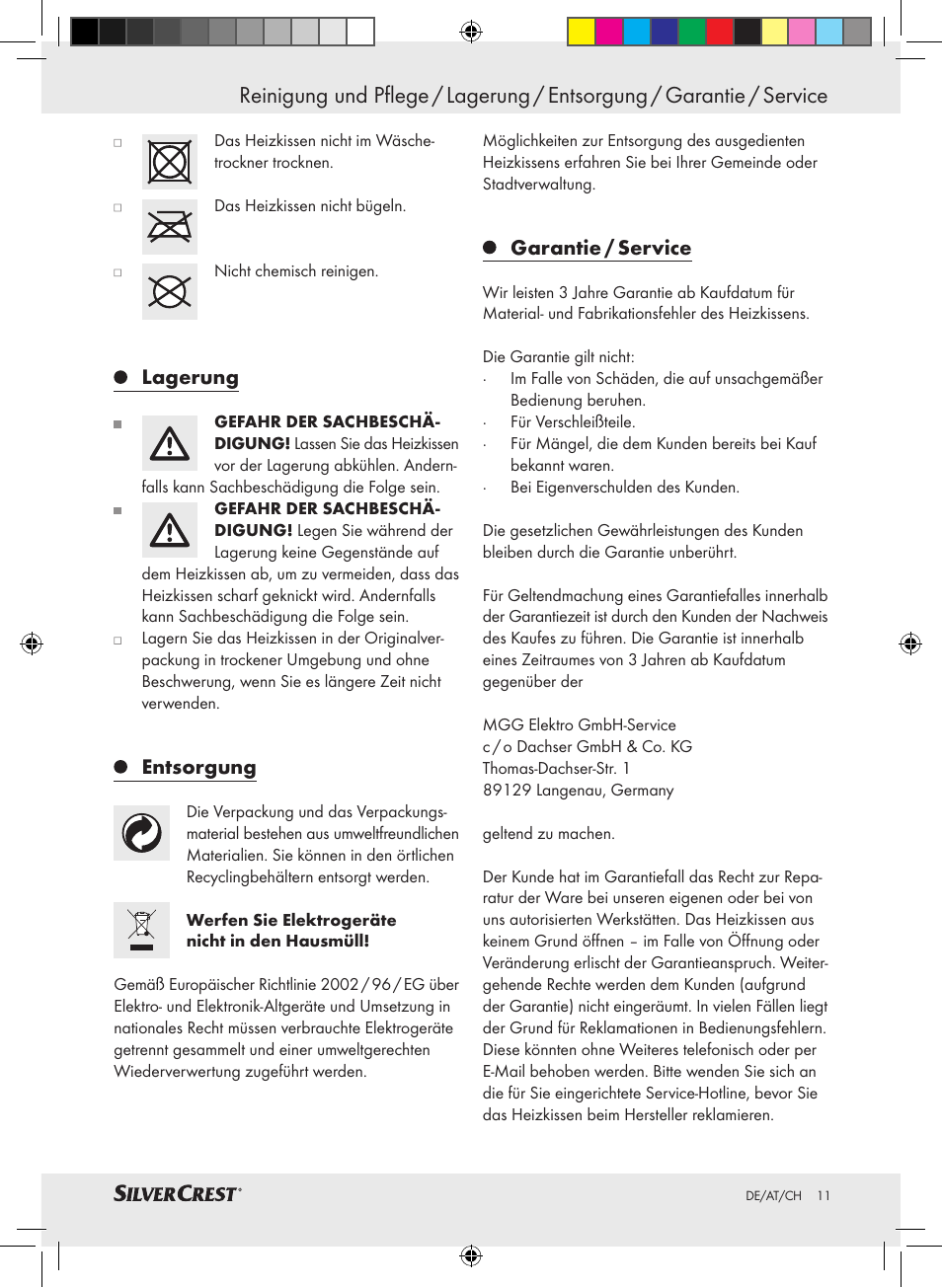 Lagerung, Entsorgung, Garantie / service | Silvercrest SHK 100 C3 User Manual | Page 10 / 44