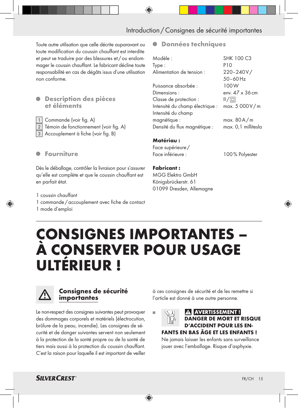 Introduction / consignes de sécurité importantes | Silvercrest SHK 100 C3 User Manual | Page 14 / 44
