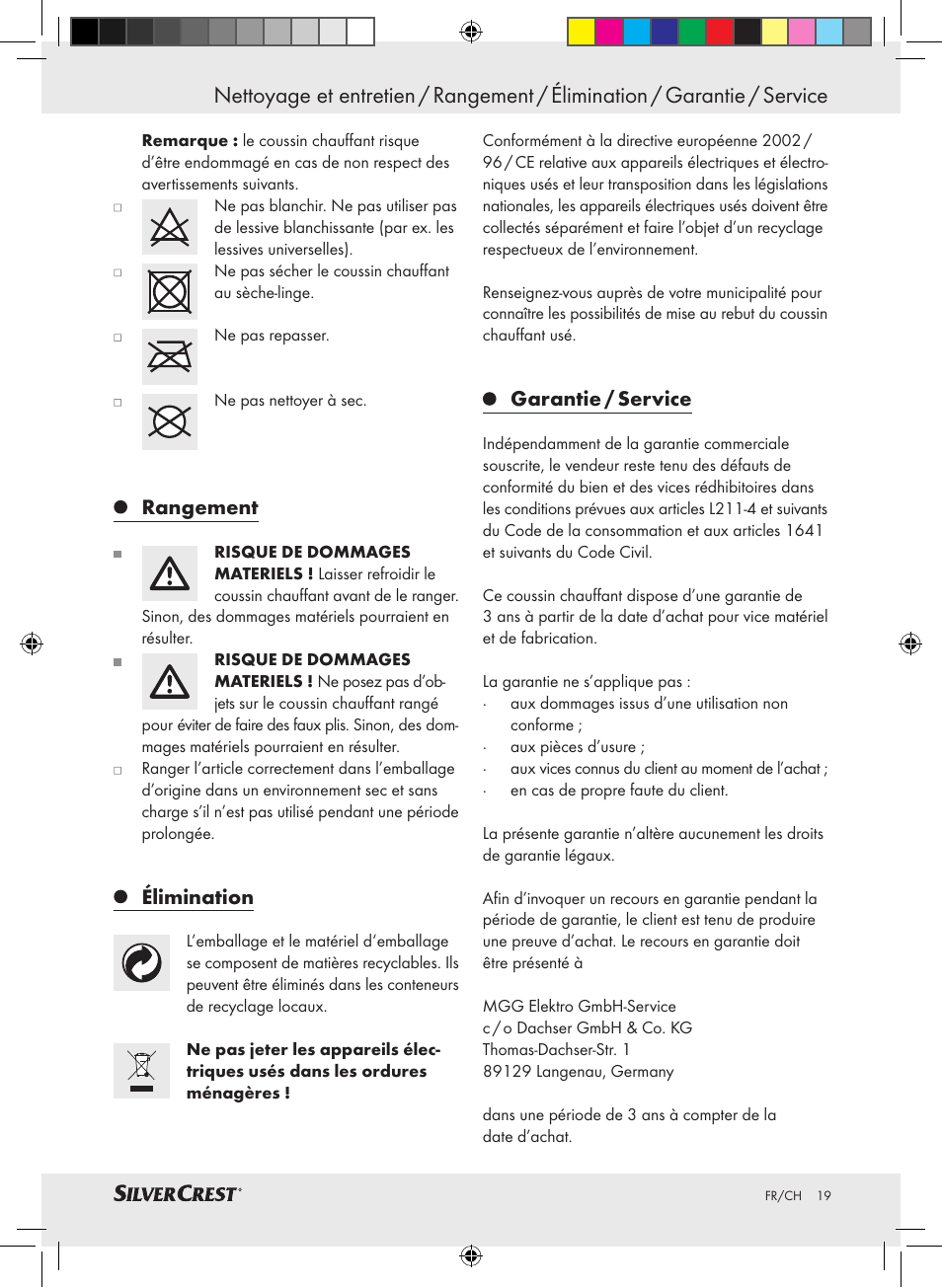 Rangement, Élimination, Garantie / service | Silvercrest SHK 100 C3 User Manual | Page 18 / 44