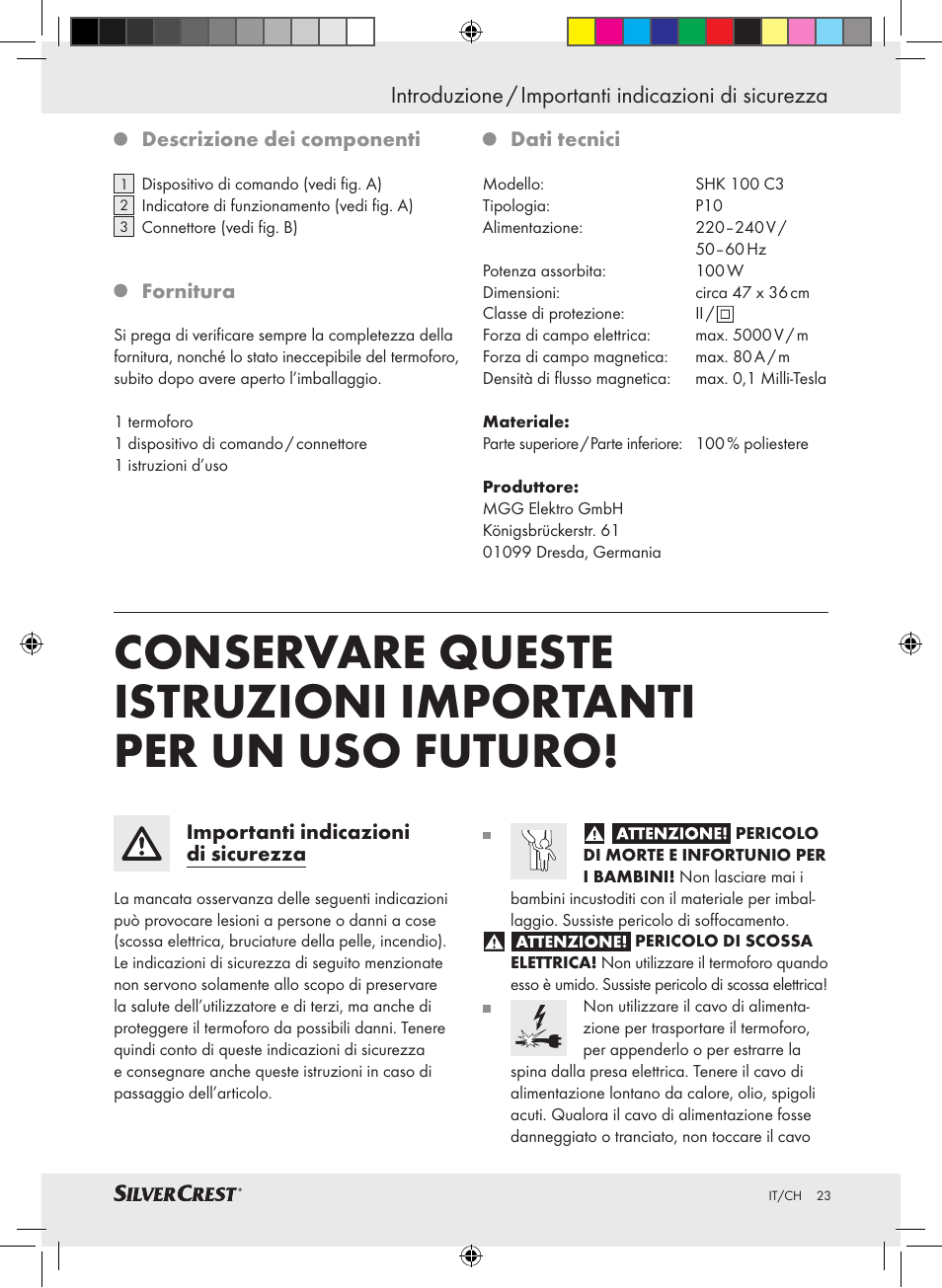 Introduzione / importanti indicazioni di sicurezza | Silvercrest SHK 100 C3 User Manual | Page 22 / 44