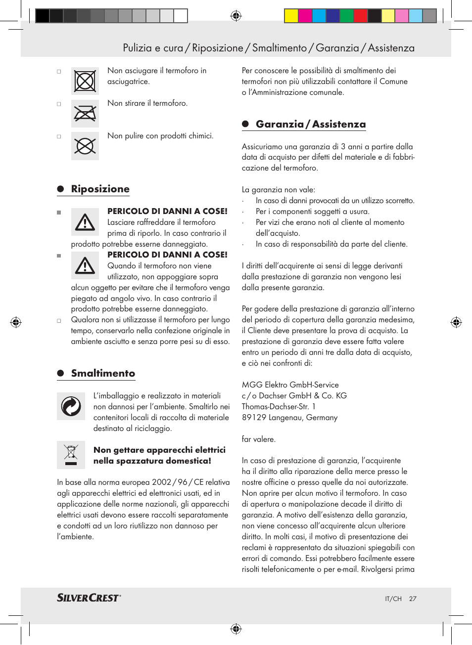 Riposizione, Smaltimento, Garanzia / assistenza | Silvercrest SHK 100 C3 User Manual | Page 26 / 44