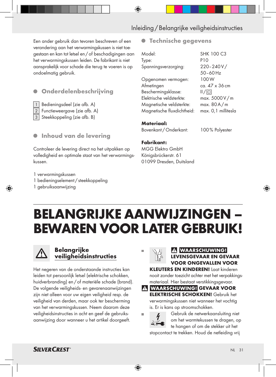 Inleiding / belangrijke veiligheidsinstructies | Silvercrest SHK 100 C3 User Manual | Page 30 / 44