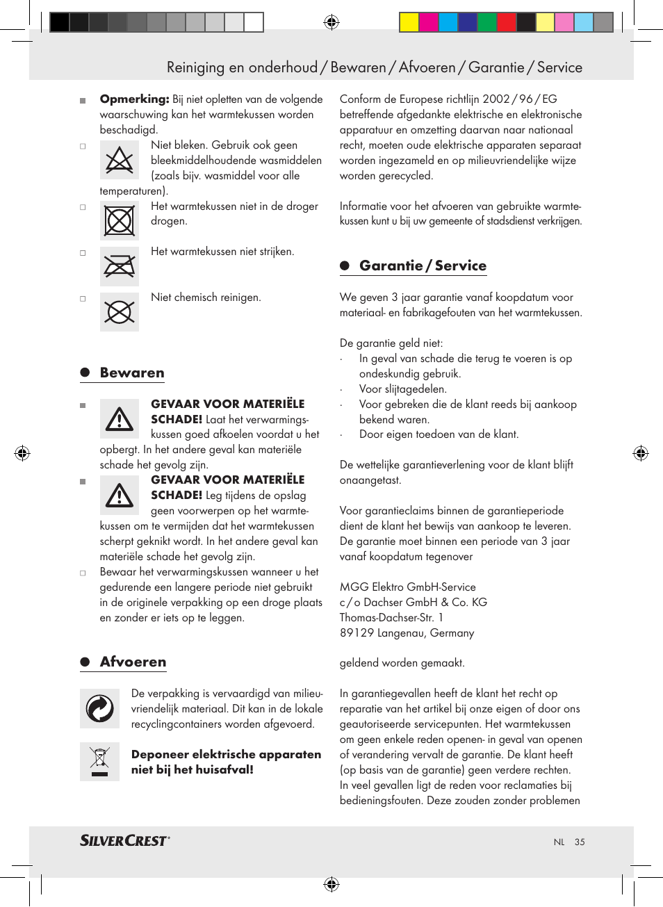 Bewaren, Afvoeren, Garantie / service | Silvercrest SHK 100 C3 User Manual | Page 34 / 44