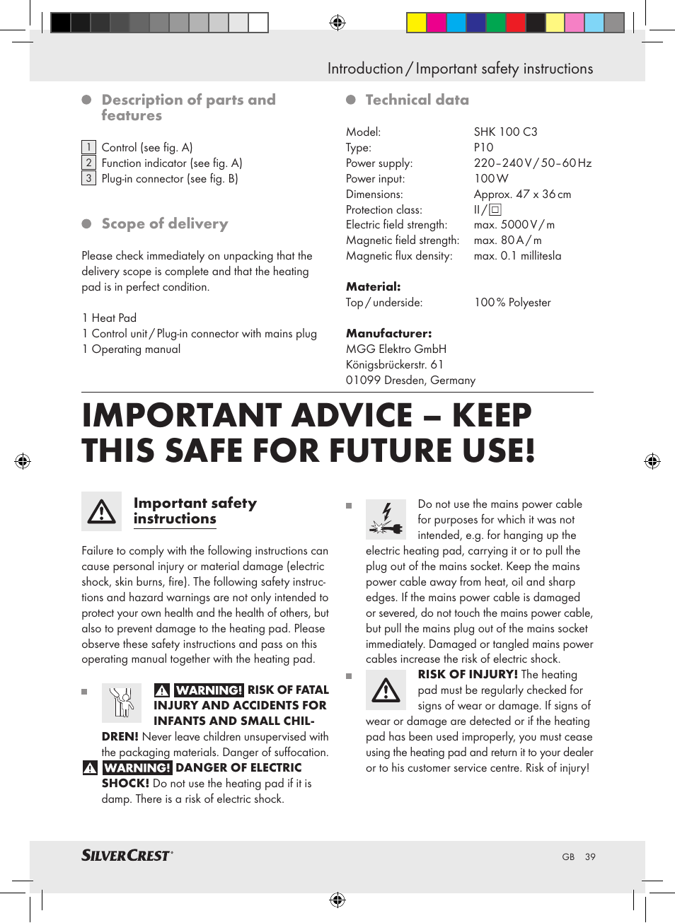 Important advice – keep this safe for future use, Introduction / important safety instructions | Silvercrest SHK 100 C3 User Manual | Page 38 / 44