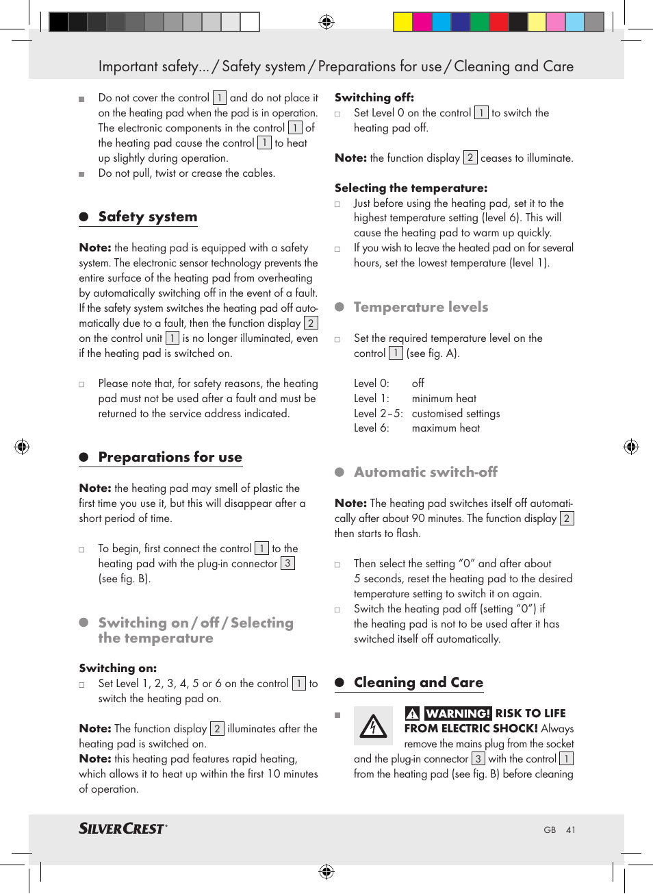 Safety system, Preparations for use, Switching on / off / selecting the temperature | Temperature levels, Automatic switch-off, Cleaning and care | Silvercrest SHK 100 C3 User Manual | Page 40 / 44
