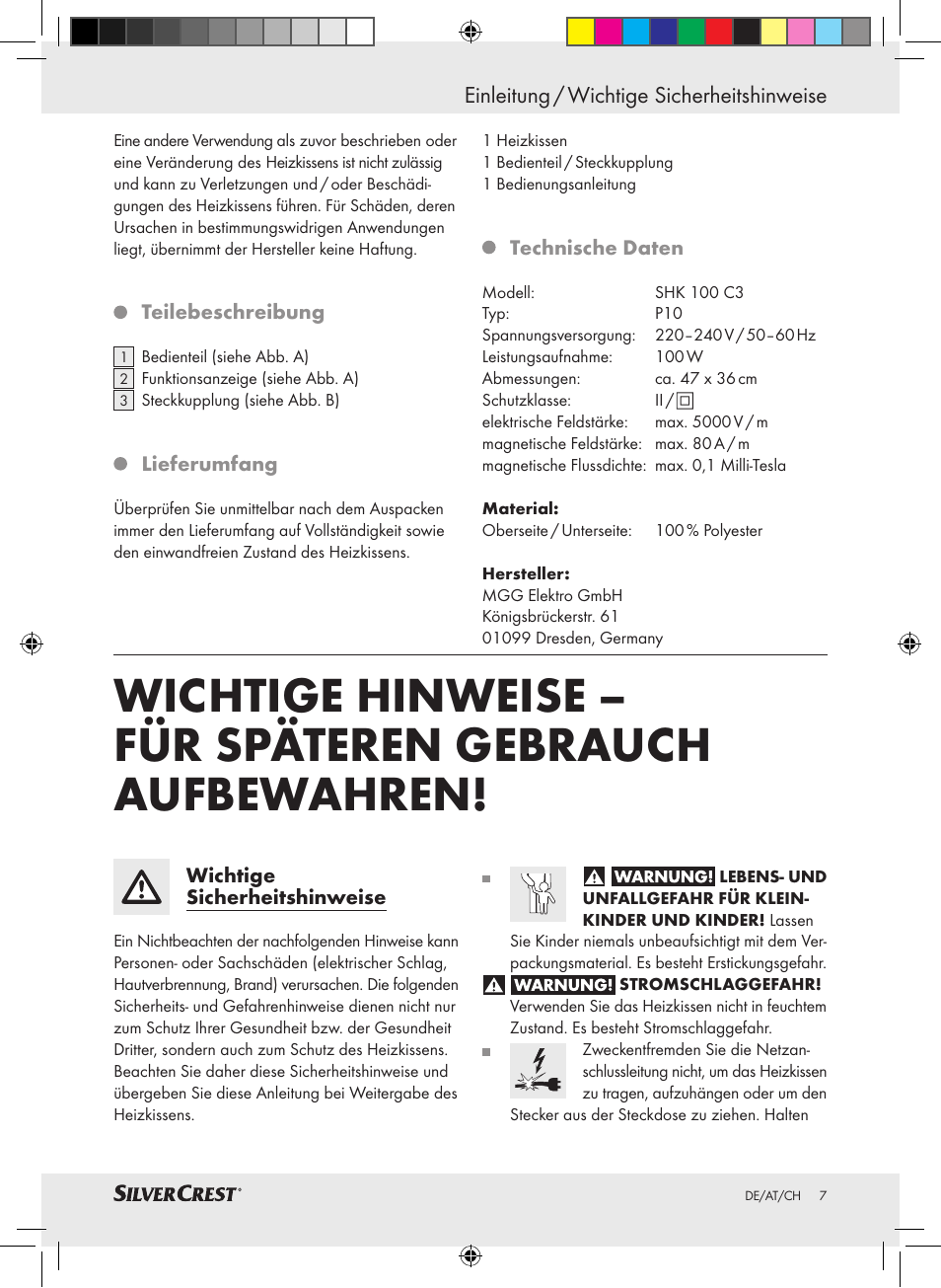 Einleitung / wichtige sicherheitshinweise | Silvercrest SHK 100 C3 User Manual | Page 6 / 44