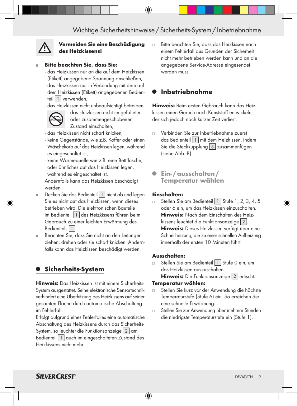 Sicherheits-system, Inbetriebnahme, Ein- / ausschalten / temperatur wählen | Silvercrest SHK 100 C3 User Manual | Page 8 / 44