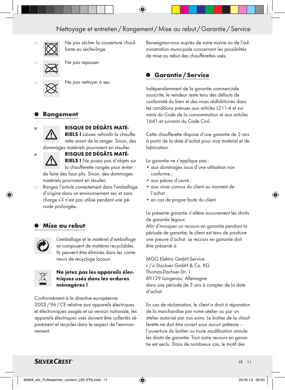 Rangement, Mise au rebut, Garantie / service | Silvercrest SFW 100 B2 User Manual | Page 11 / 29