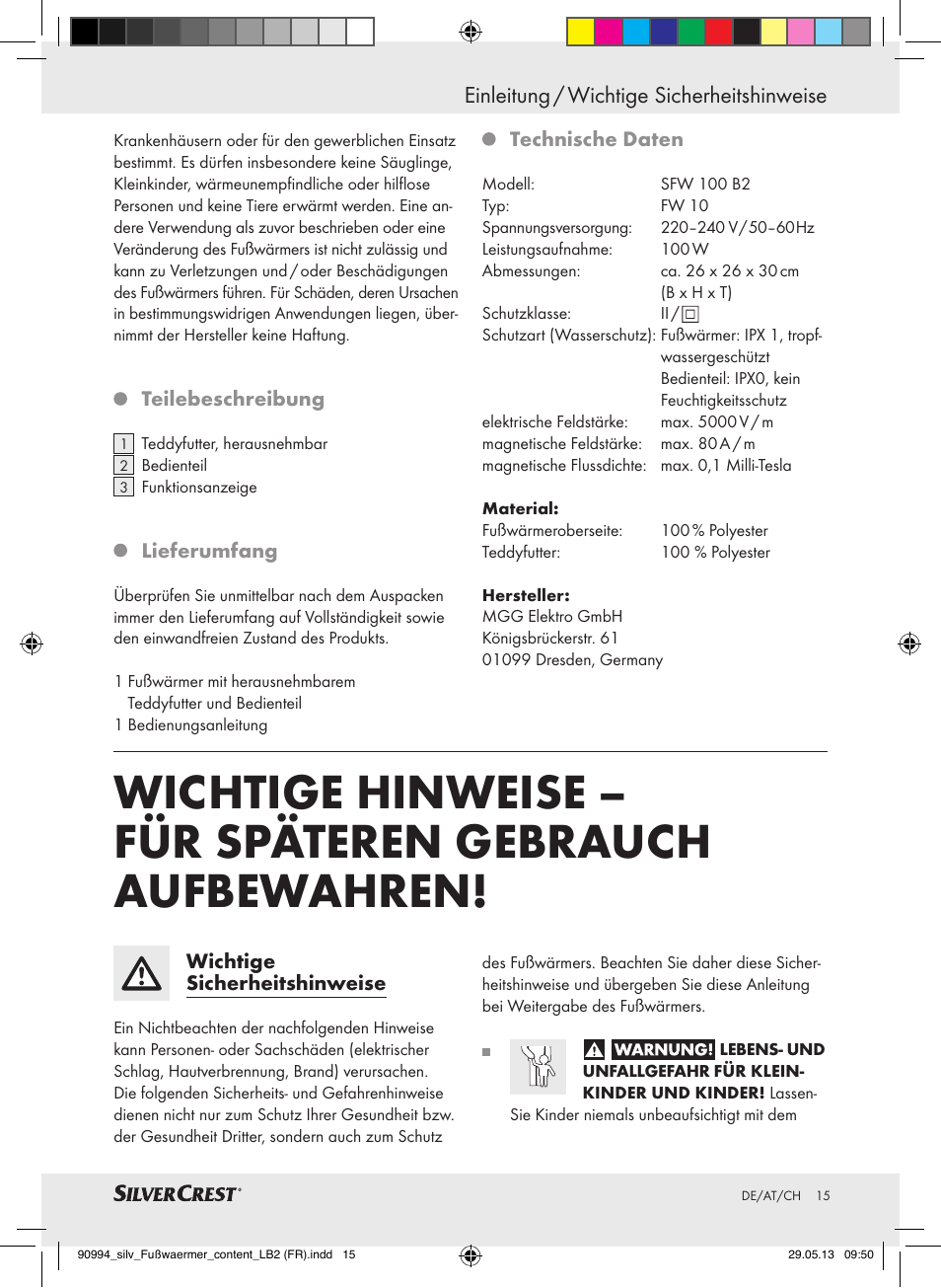 Einleitung / wichtige sicherheitshinweise | Silvercrest SFW 100 B2 User Manual | Page 15 / 29