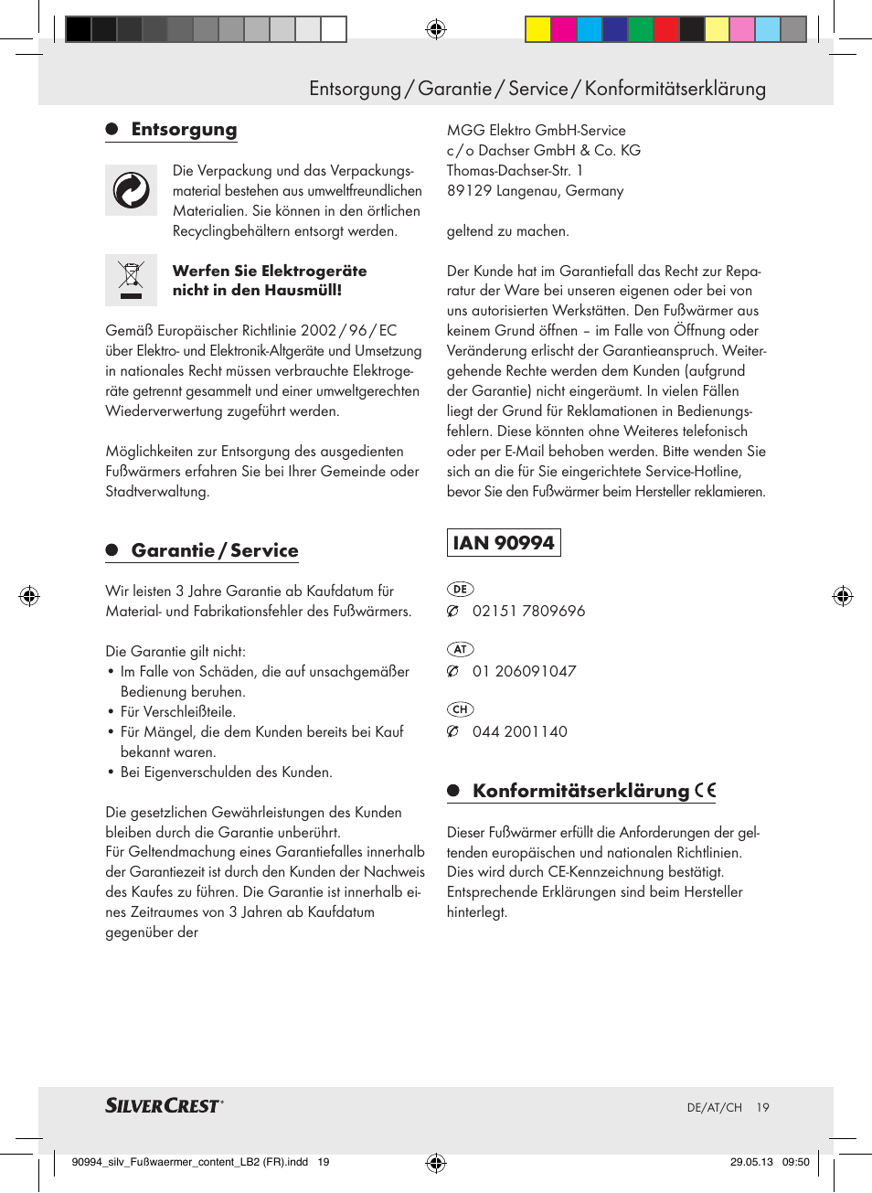 Entsorgung, Garantie / service, Konformitätserklärung | Silvercrest SFW 100 B2 User Manual | Page 19 / 29